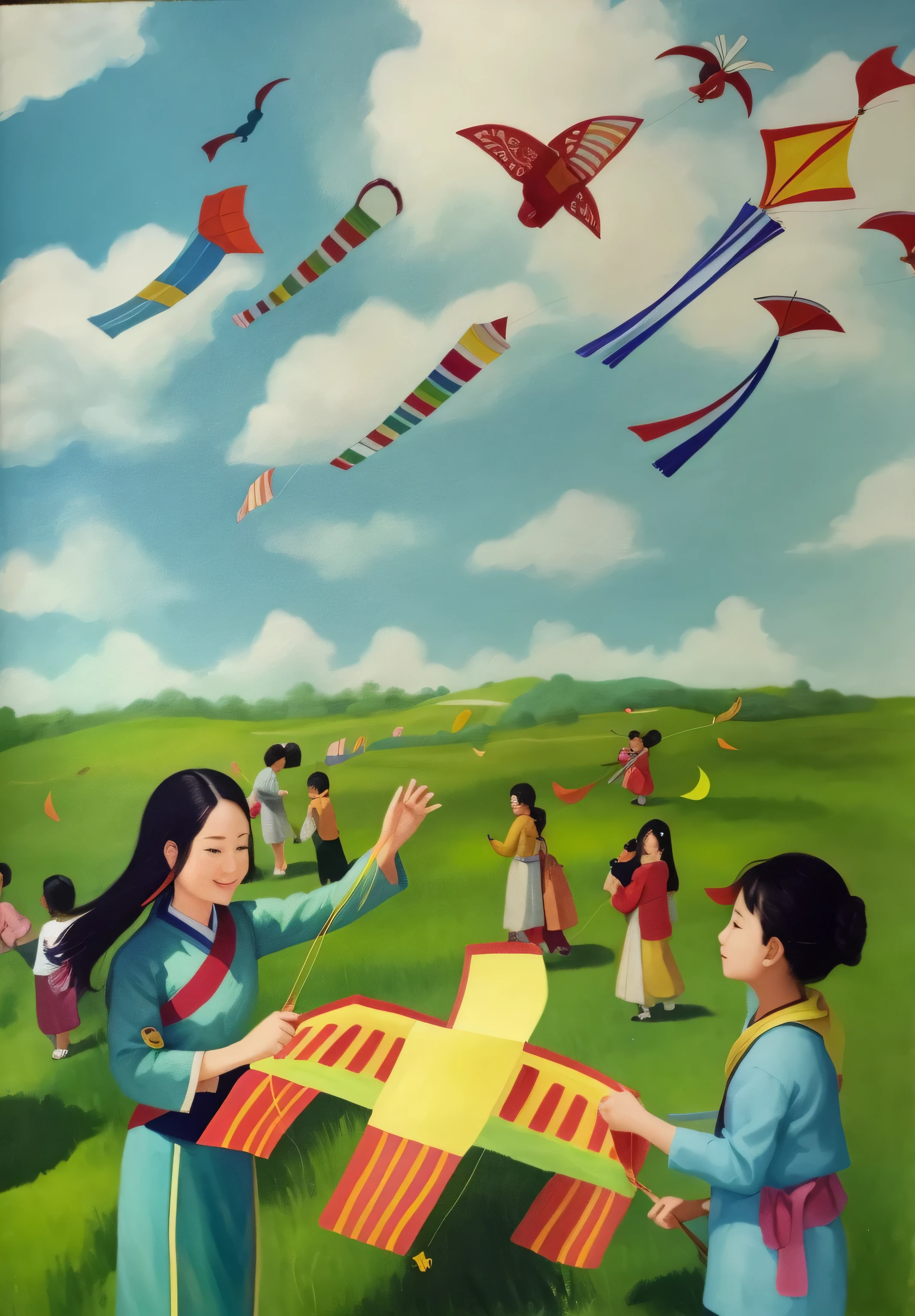 painting of a woman and flying kites in a field, kites, traditional painting, traditional art, on a sunny day, by Ruth Jên, by Ju Lian, do hoang tuong artwork, by Kim Du-ryang, hoang lap, colorful kids book illustration, by Ni Zan, by Yi Insang, dital painting