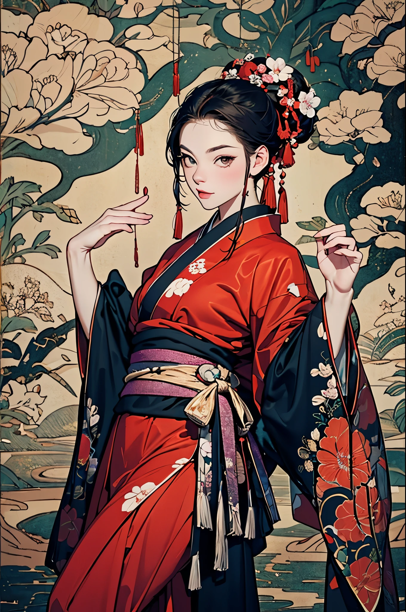 Umalinda warrior sexy, pretty face, Delicious Company, Alluring figure, Wearing a sexy open kimono. The artwork is created in a medium reminiscent of Japanese ink paintings....., 具有大胆的笔触和Monochromatic color palette. artist&#39;Masterful technique reveals the intensity and power of the image&#39;sense of presence，with the highest quality, Perfectly capture every detail with ultra-high resolution. Textures and intricate patterns on kimonos are rendered with extreme precision. Lighting is carefully designed，Enhance drama, Features deep shadows and subtle highlights. General, The artwork exudes elegance and power, Combining traditional Japanese aesthetics with a modern feel. Monochromatic color palette, Combine details, Create captivating and immersive experiences for your audience.