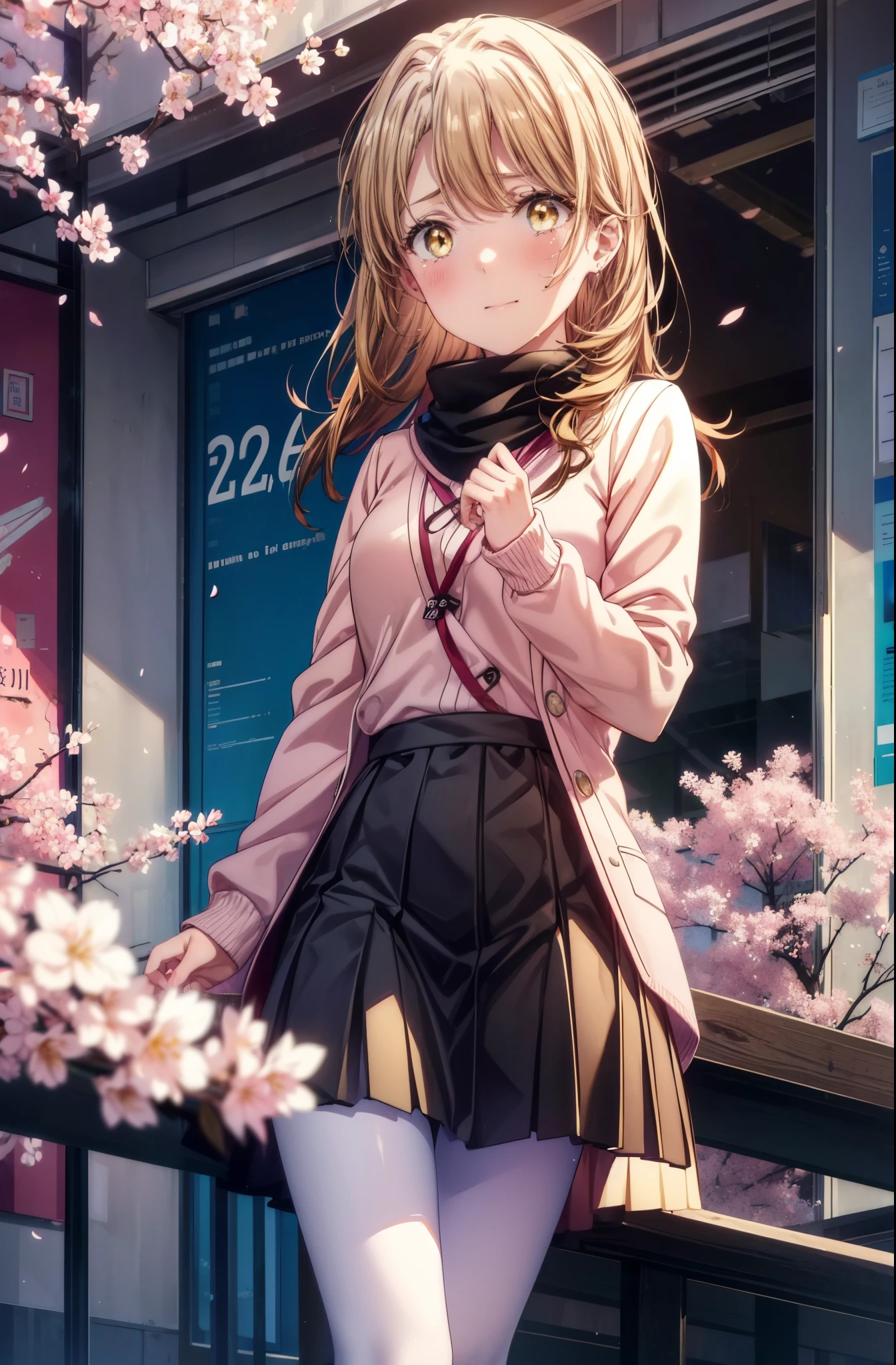 irohaisshiki, iroha isshiki, long hair, short braided hair,ponytail,brown hair, (brown eyes:1.5), smile,yellow muffler,pink long coat There is space in front,white sweater,black long skirt,black pantyhose,short boots,Big tears are running down her face,Crying with joy,cry a lot,A piece of paper with a large number of numbers written on it is pasted on the bulletin board in front of the school building.,happy crowd,cherry blossoms are blooming,Cherry blossoms are scattered,pink scenery,Announcement of university results,have a piece of paper with numbers written on it,
break outdoors, University buildings,
break looking at viewer,
break (masterpiece:1.2), highest quality, High resolution, unity 8k wallpaper, (figure:0.8), (detailed and beautiful eyes:1.6), highly detailed face, perfect lighting, Very detailed CG, (perfect hands, perfect anatomy),