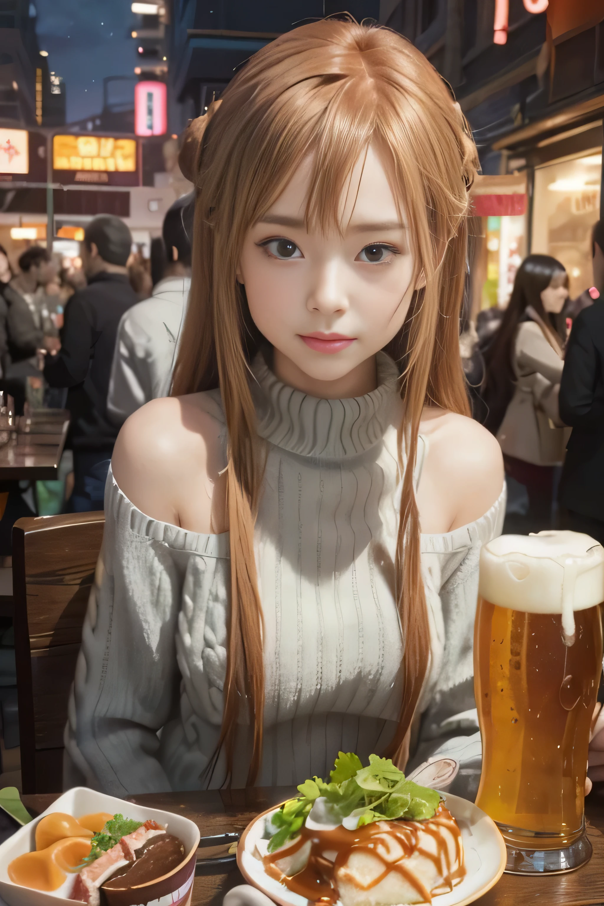 Realistic,masterpiece, best quality, (realistic,photo-realistic:1.4), (RAW photo:1.2),extremely detailed CG unity 8k wallpaper, delicate and beautiful, amazing,finely detail, official art, absurdres, incredibly absurdres, huge filesize, ultra-detailed,extremely detailed eyes and face, light on face,yuuki asuna,little smile,(caramel hair:1.3),long hair,(wearing sweater:1.4),(medium breast:1.3),dinner,(white rabbit:1.4),night,beer,pink cake,omelette