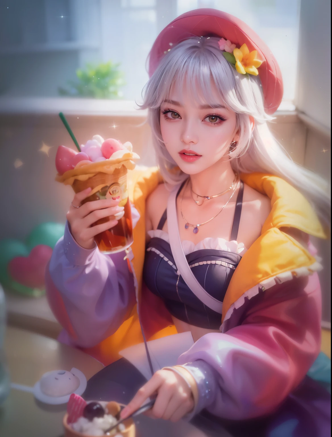 (8k, RAW photo, photorealistic:1.25) ,( lipgloss, eyelashes, glosace, glossy skin, best quality, ultra highres, depth of field, chromatic aberration, caustics, Broad lighting, natural shading,Kpop idol) looking at viewer with a serene and goddess-like happiness,ice cream,candy