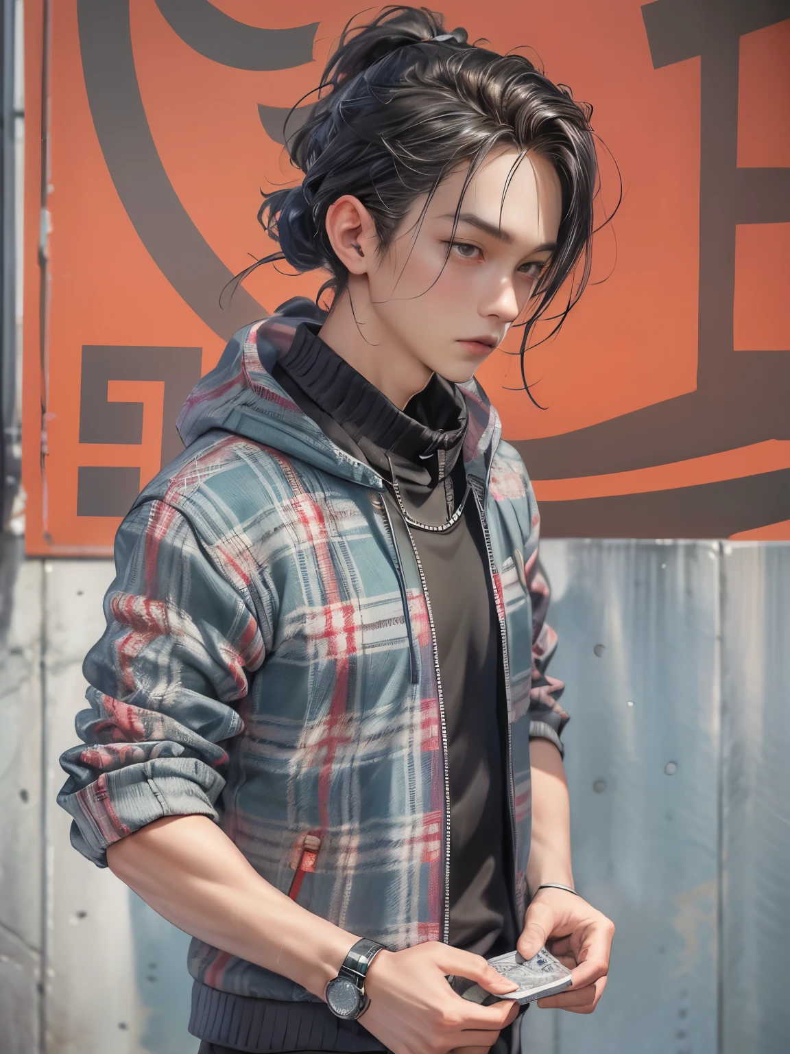 a masterpiece,Bestquality,offical art,8kwallpaper,Extremely Detailed,Illustration,23 year old 1BOY,ponnytail hair, Trendy outfits,watch,sneaker shoes,squat down,Hands droop naturally,Hooded jacket,Street side,