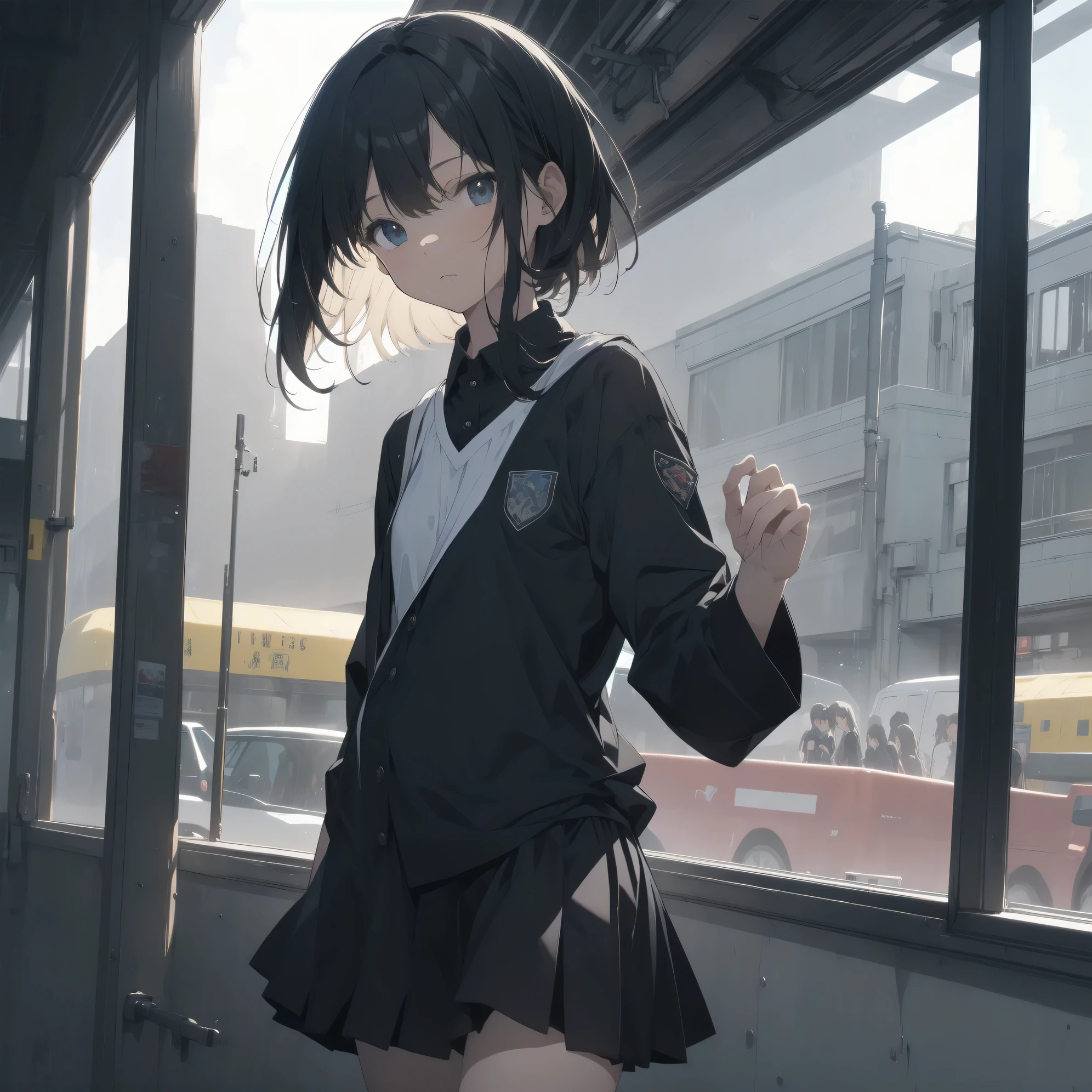 Super absurd quality by the god of art, super detailed, High resolution, anime moe art style, Best Anime 8K Kona-chan Wallpaper, pixiv contest winner, perfect anatomy, break,(眠そうにalone学校へ行く女の子を描いてください. )break,1 girl, (alone,little woman, baby face, 13 years old:1.3),All limbs, full finger,, The charm of an immature body, (very_short hair), bangs, flat chest, Small Bodysuits, small ass, between legs, small black eyes, detailed and beautiful eyes, Well-proportioned iris and pupils, expressive eyes, sleepy eyes, High resolutionの詳細な髪, hair ornaments, skirt, collared shirt, pleated skirt, school uniform, school bag,(detailed lighting), (detailed background), On the way to school. break,super dense skin, Best movie lighting by famous artists, 8k,cute illustration,photoshop_(Moderate),Absurd Hi-Res,Hmm,rough skin