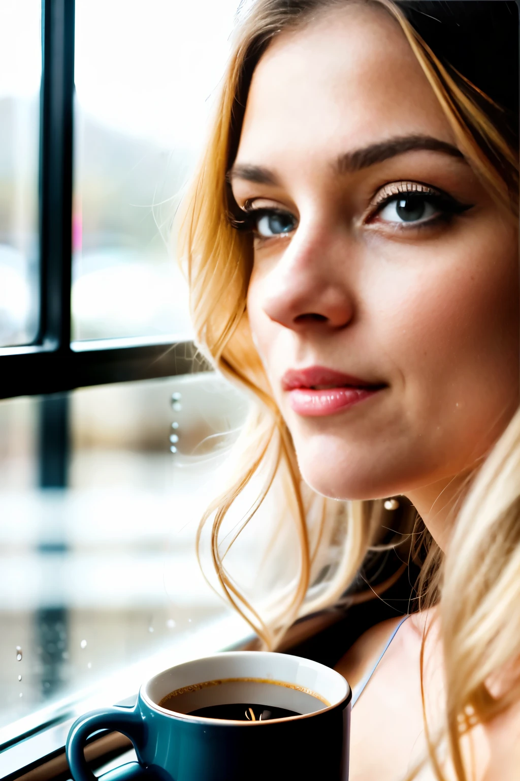 Realistic aspect ratio: 16:9, A beautiful blonde woman in her mid-twenties with deep, striking blue eyes, possesses a captivating face and a defined, sharp nose. She sits comfortably at a cozy coffee shop, her gaze fixed on the window, lost in thought as raindrops heavily pound against the glass. The warm lighting inside the café creates a serene and tranquil atmosphere, reflecting off the metallic details of her coffee cup. The intricate details of her face are highlighted as raindrops trickle down the windowpane, beading and merging with one another, their tiny droplets adding to the overall feeling of peace and introspection. The