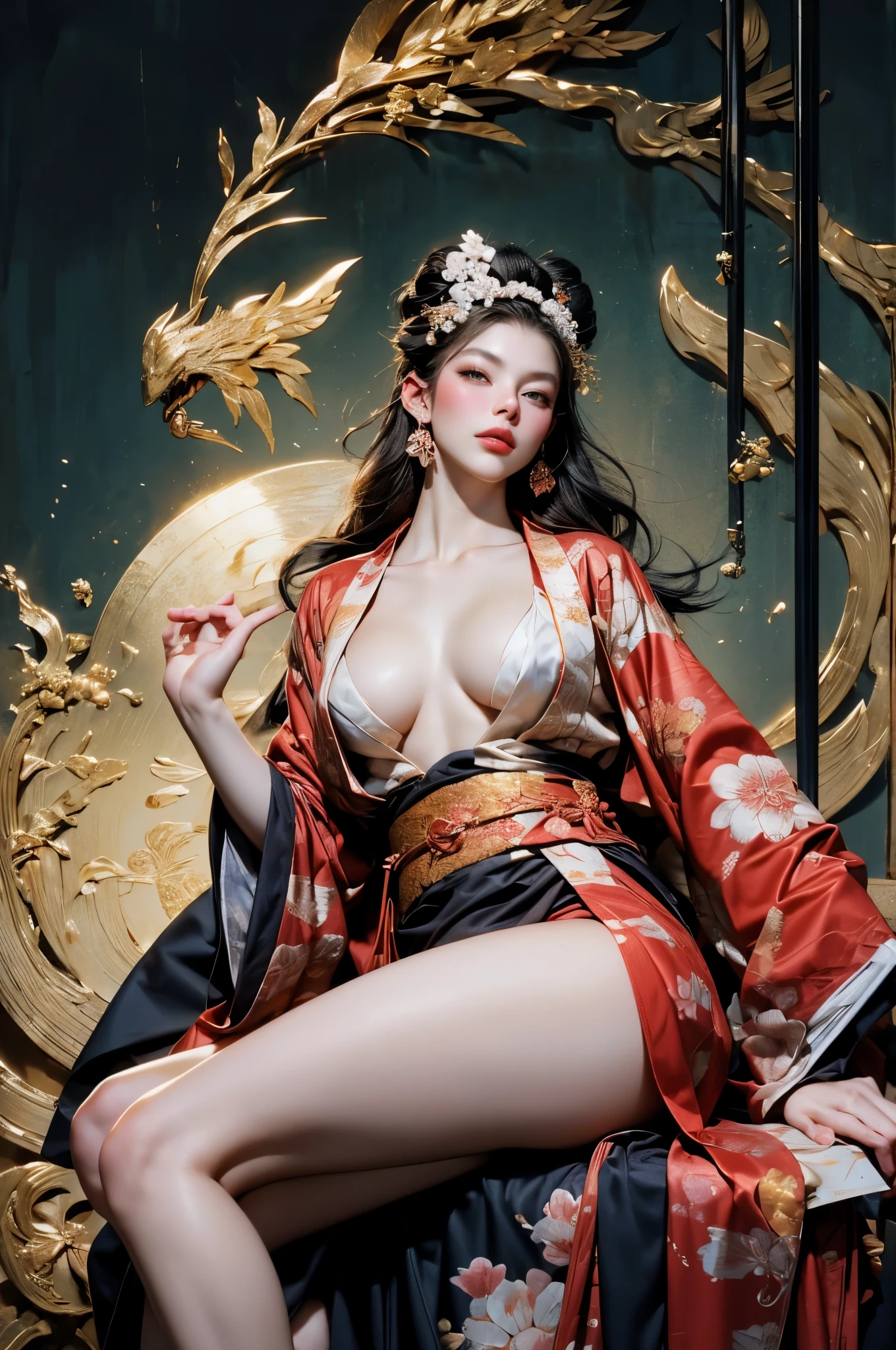 Umalinda warrior ????, pretty face, Delicious Company, Alluring figure, Wearing a ???? open kimono. The artwork is created in a medium reminiscent of Japanese ink paintings....., 具有大胆的笔触和Monochromatic color palette. artist'Masterful technique reveals the intensity and power of the image'sense of presence，with the highest quality, Perfectly capture every detail with ultra-high resolution. Textures and intricate patterns on kimonos are rendered with extreme precision. Lighting is carefully designed，Enhance drama, Features deep shadows and subtle highlights. General, The artwork exudes elegance and power, Combining traditional Japanese aesthetics with a modern feel. Monochromatic color palette, Combine details, Create captivating and immersive experiences for your audience.