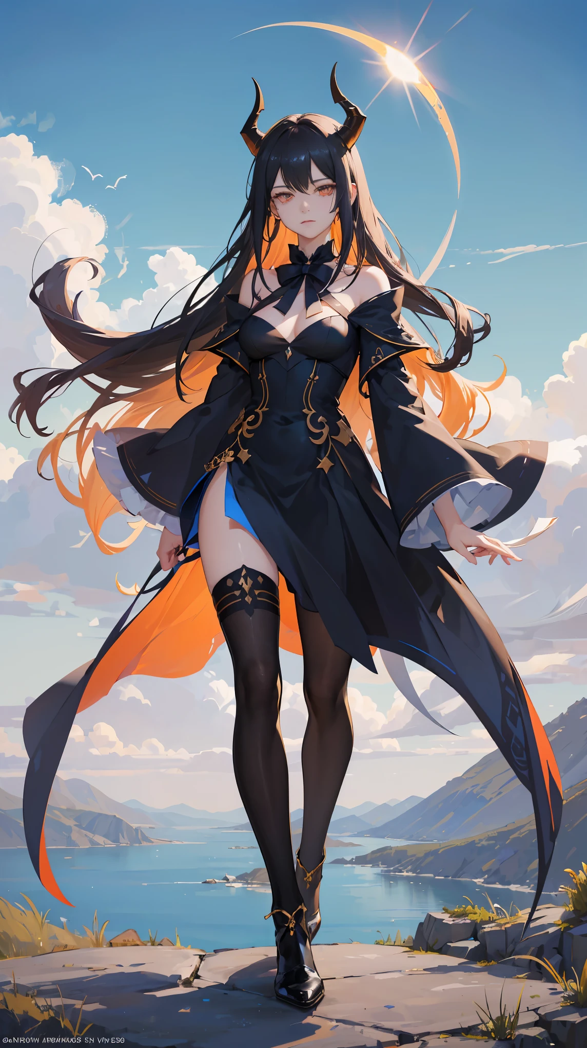 Seven Rhaeyar, Ancient Star goddess, Perfect female anatomy (Adult Female, 166cm in height, pale skin, slim, slender, 34D breast size, Dark Orange Eyes with beautiful details, Long Straight Black Hair, Beauty Mark Mole on right cheek bone, a set of black horns on her head), Neutral facial expression, Elegant white dress with black bow tie, blue coat knee length, dragon motifs, gold and rope accessories, View of the open blue sky with only clouds, receiving light from the front, Ethereal glow