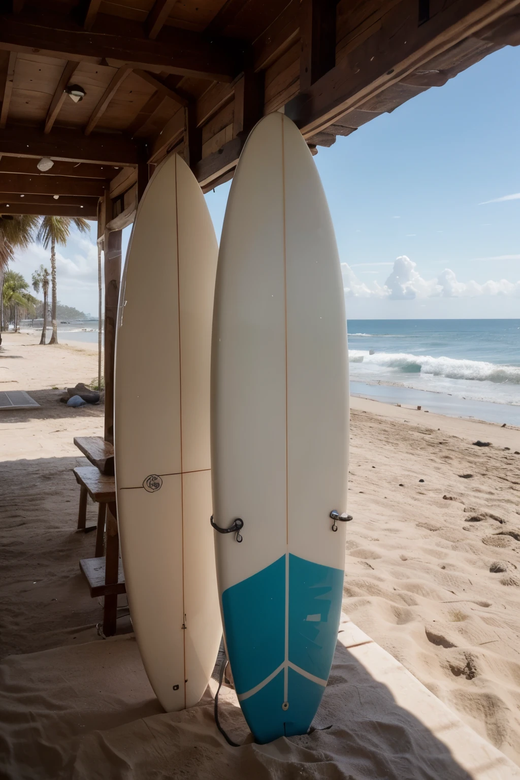Create a beachfront establishment, a place that crafts and sells surfboards of all sizes. Show the wear and tear of the wood and materials, with completed surfboards and others that have taken on the wrong shape. The place should have a rustic vibe, full of peace and love, with only the sound of the waves. There should be no people, only traces of those who have passed through. Focus on the surfboard shop and add sand in some places, a sign that the wind has brought it in. modelo horizontal