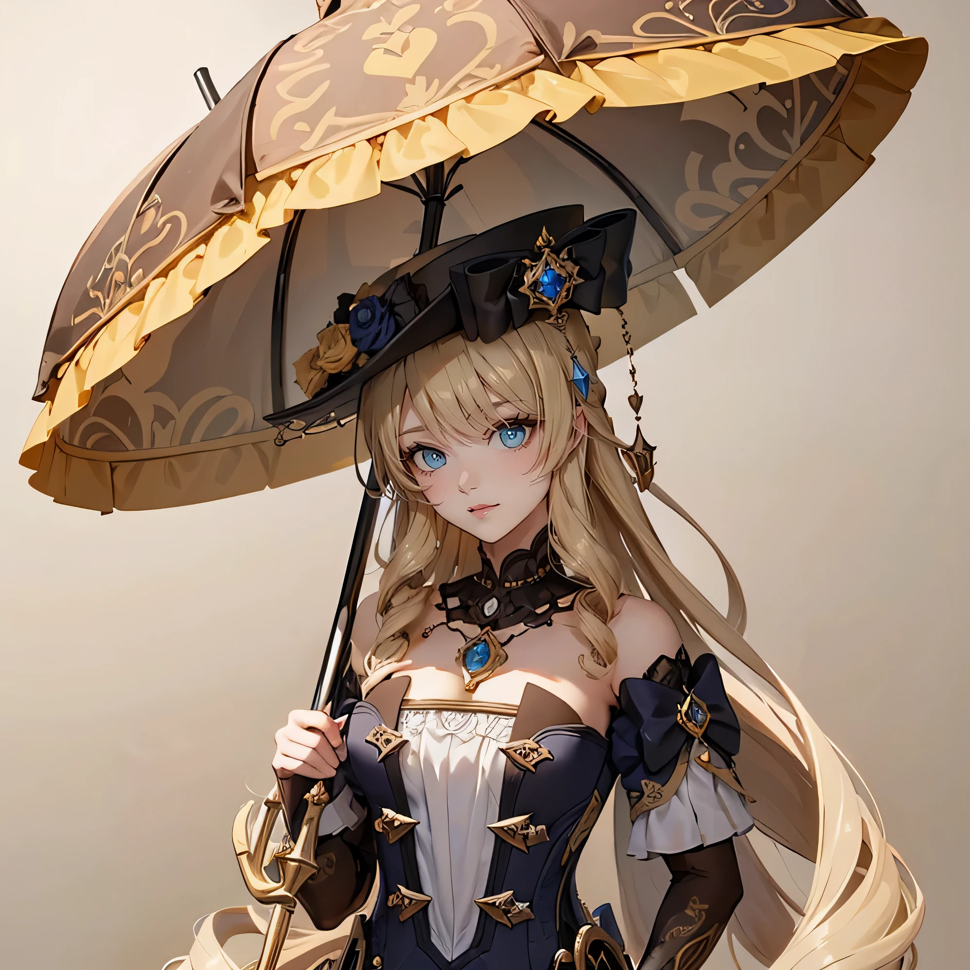on the ship, there is a girl, holding an umbrella. The girl has beautifully detailed eyes and a kind smile on her face....... The ship is made in steampunk style on a beige background.... The work must be of the highest quality.., be a masterpiece, and have high resolution details.