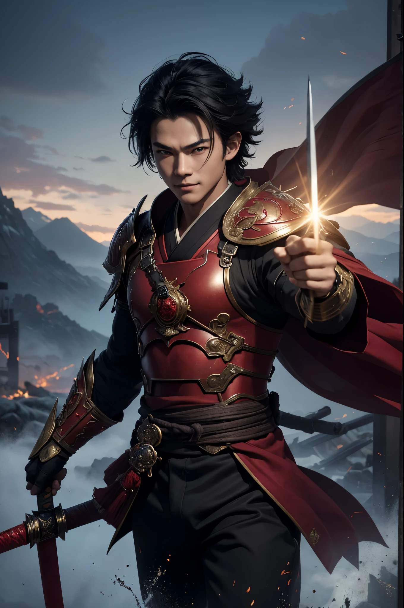 8k、alone、16 year old boy,Super beautiful teenager(like the real thing),red eyes(red glowing effect),Super beautiful teenager,black bob hair,black fabric men&#39;s kimono,black pants(devil&#39;s emblem embroidery),golden decoration,heading there、long and large Japanese sword,Demon Slayer boy wearing Demon Slayer male kimono,Remains,amazing work of art、wind effect:1.9、cloud effect:1.2、full rendering、Caustic soda coating、unreal engine,An innocent expression,cool boy,ultra high resolution,super realistic skin,Super precise hand details,fantasy art,smile,battle scene,action scene,action pose,fighting style,Photorealistic RAW photos of the highest quality。Backlight, cinematic lighting, film grain, to be born, 50mm lens, Nikon D850,realistic skin,fantasy art,character art,ultra high resolution,Macho with a muscular slender body,Precise facial details,Throw a long and large Japanese sword,fighting pose,dynamic pose,Red shoulder armor(demon emblem),Red Gauntlet(demon emblem),fearless laugh,Improve the quality of facial expressions,perspective from above,accurate  structure,perfect hands,