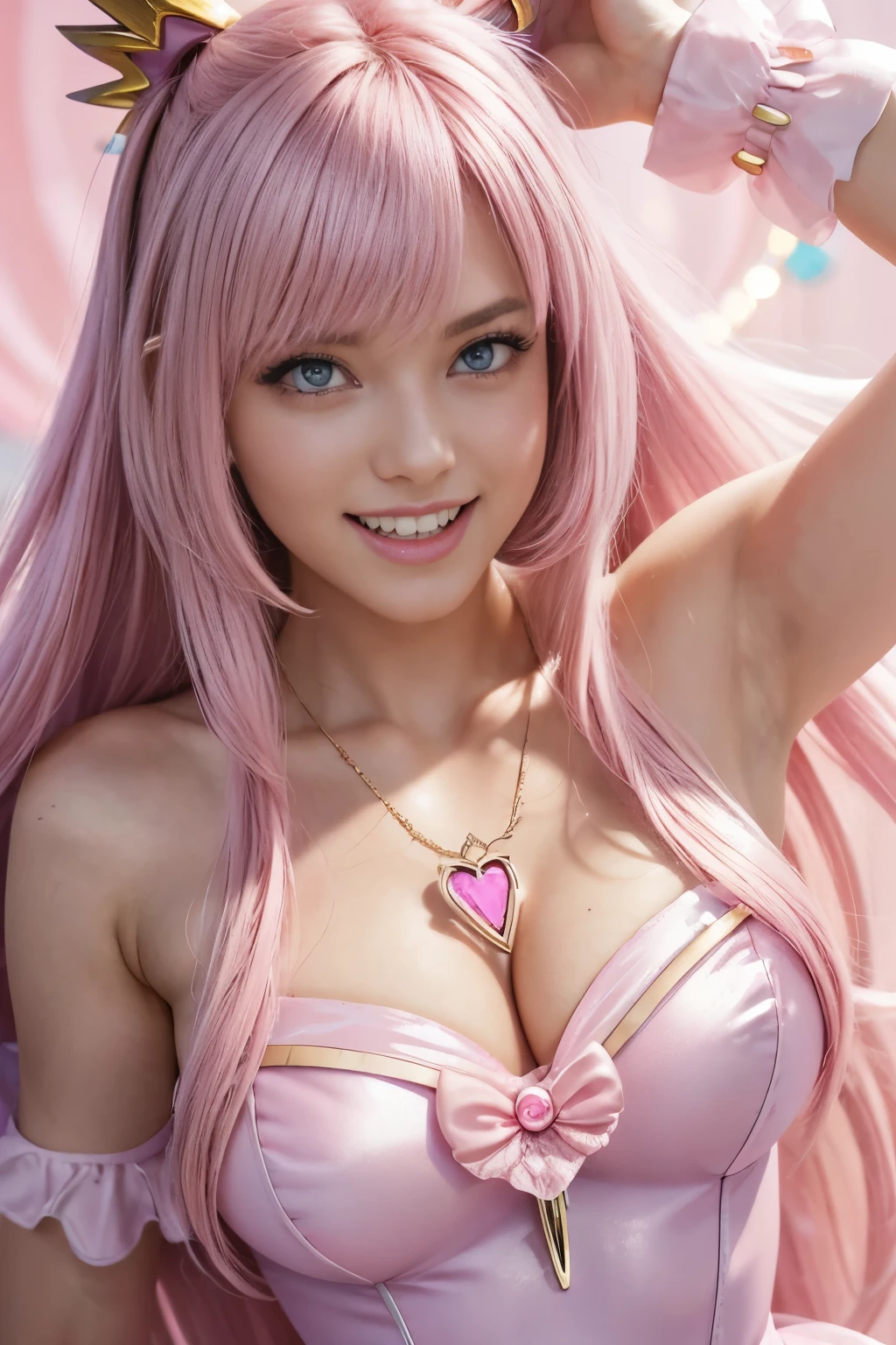 (highest quality, High resolution, masterpiece:1.2), Super detailed, realistic:1.37, (perfect anatomy),1 girl,(Close-up:1.2),american model,22 year old female model,super cute face,(Transform into a cute magical girl:1.3).bangs、pink haired、beaver、long hair,Straight hair,slim and beautiful body、beautiful breasts、(pink eyes:1.5),(laughter:1.5),sexy pose ,(Tight futuristic pink magical girl dress:1.3) , magic necklace,