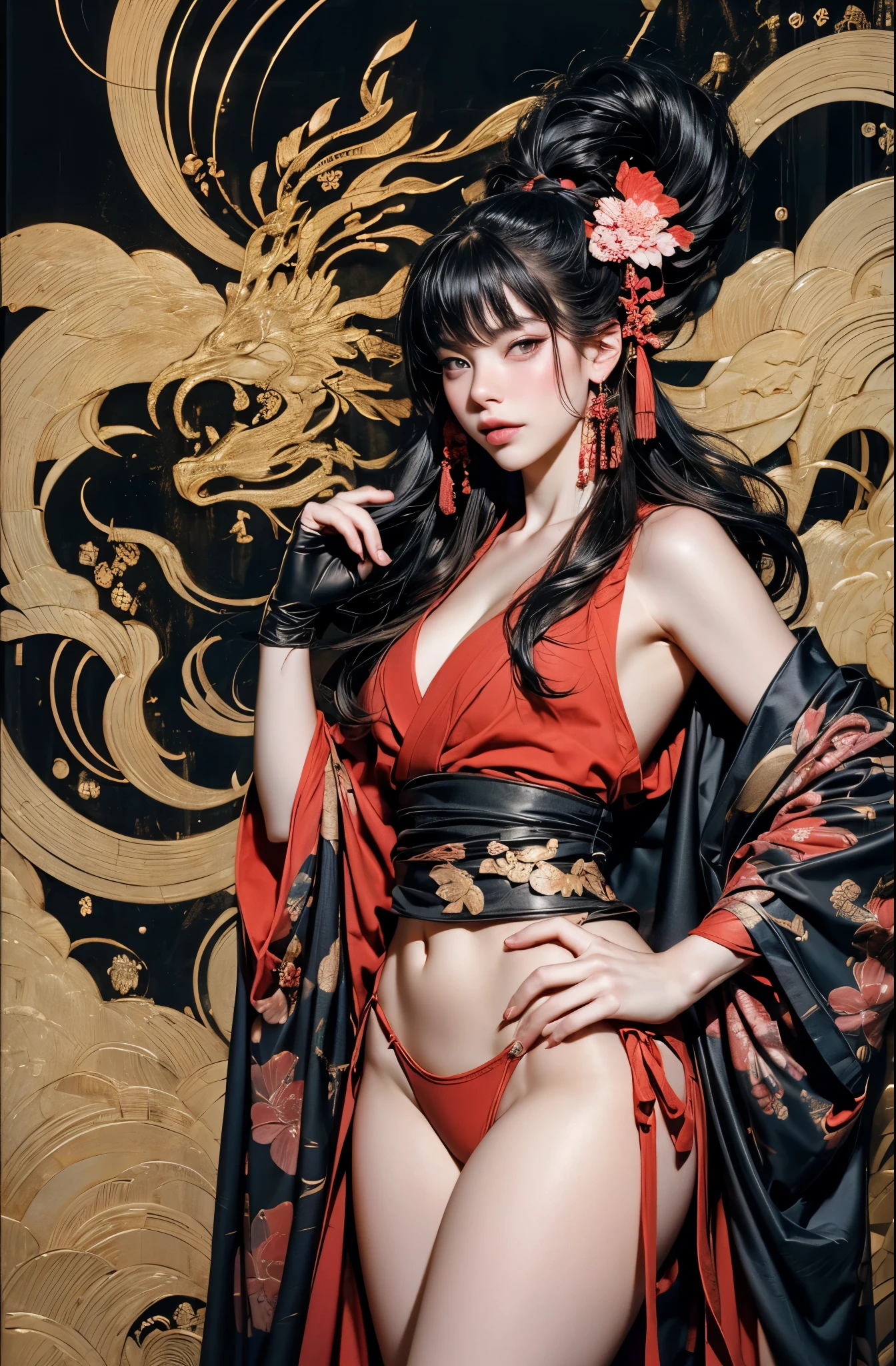 Umalinda warrior sexy, pretty face, Delicious Company, Alluring figure, Wearing a sexy open kimono. The artwork is created in a medium reminiscent of Japanese ink paintings....., 具有大胆的笔触和Monochromatic color palette. artist'Masterful technique reveals the intensity and power of the image'sense of presence,with the highest quality, Perfectly capture every detail with ultra-high resolution. Textures and intricate patterns on kimonos are rendered with extreme precision. Lighting is carefully designed,Enhance drama, Features deep shadows and subtle highlights. General, The artwork exudes elegance and power, Combining traditional Japanese aesthetics with a modern feel. Monochromatic color palette, Combine details, Create captivating and immersive experiences for your audience.