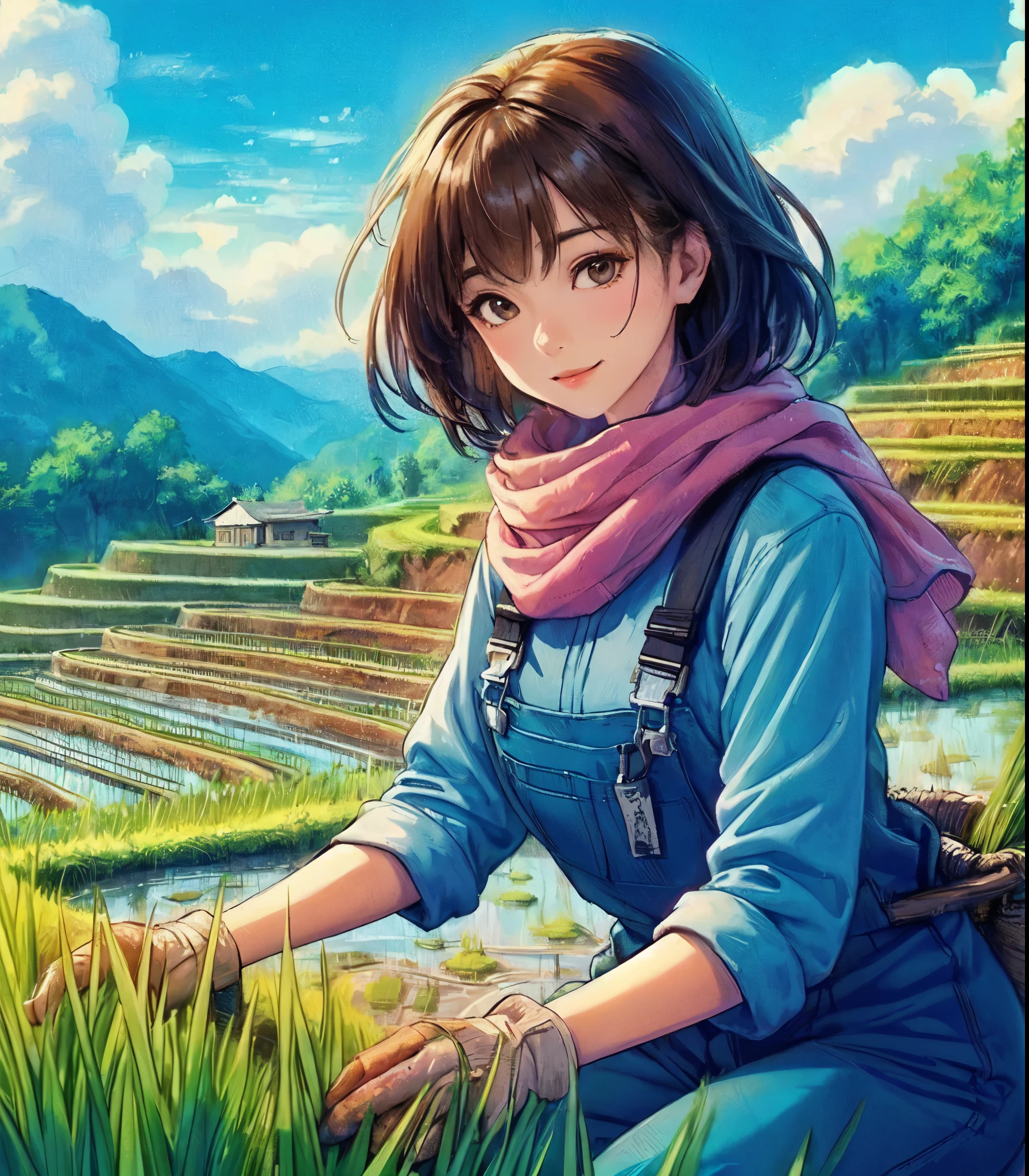 1lady solo, (planting rice) squatting, (jumpsuit overalls) stylish, mature female, /(dark brown hair/) bangs, light smile, (masterpiece best quality:1.2) delicate illustration ultra-detailed, medium breasts, (towel around neck) BREAK (rice paddy) outdoors, (rice terraces:1.2), countryside, noon, detailed background