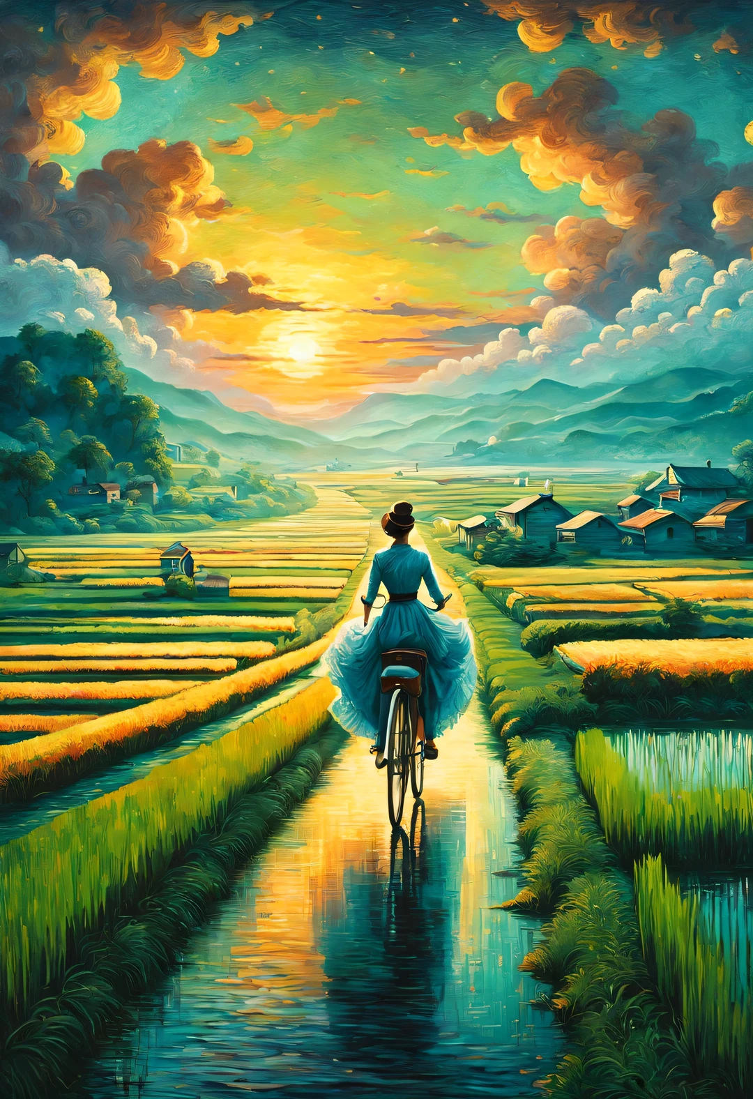 Dan Mumford style,best quality, 8k, high quality, masterpiece: 1.2, Ultra-fine, realism: 1.37, double contact,partial reflection (Endless rice fields and ), Girl riding vintage Chinese bicycle,blue sky, dreamy atmosphere, pastel color palette, Vibrant shades, Impressionist brushstrokes, Subtle lighting effects, sunset on the horizon, nature and sky, textured brushstrokes, Crops are abundant、Vibrant, dusk atmosphere, Peaceful idyllic scenery, Shining stars light up the night, create tranquility、Picturesque setting, Be inspired by Van Gogh's style and technique. Sublime and atmospheric depiction, ethereal beauty, Fascinating celestial phenomenon,