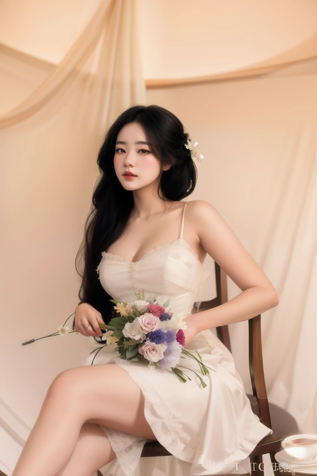arafed woman sitting on a chair with a bouquet of flowers, in the art style of bowater, with flowers, artwork in the style of guweiz, inspired by Howard Chandler Christy, digital art of an elegant, inspired by Sim Sa-jeong, inspired by Jeanne Hébuterne, inspired by Chen Yifei, sitting with flowers