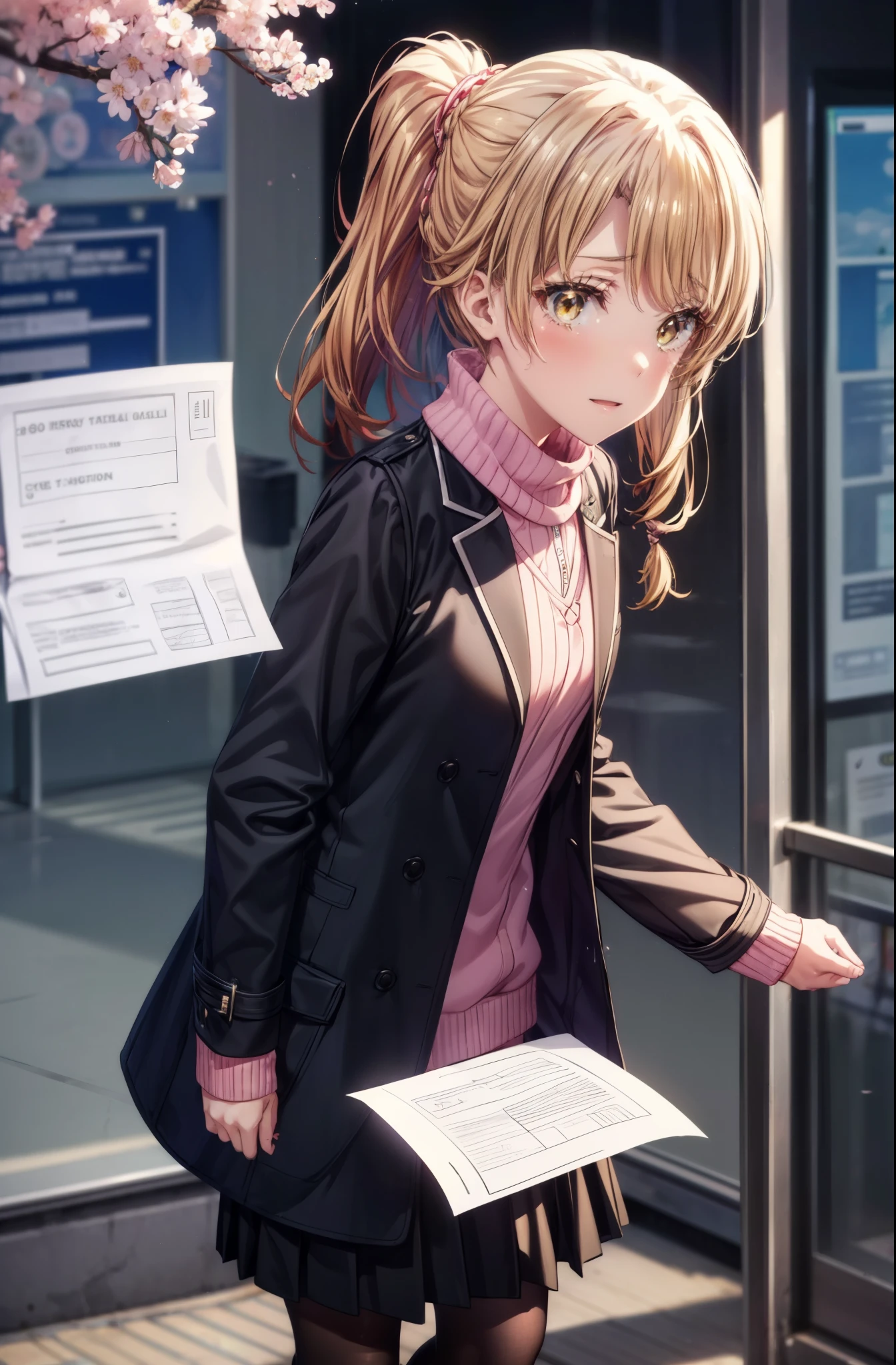 irohaisshiki, iroha isshiki, long hair, short braided hair,ponytail,brown hair, (brown eyes:1.5), smile,yellow muffler,pink long coat There is space in front,white sweater,black long skirt,black pantyhose,short boots,Big tears are running down her face,Crying with joy,cry a lot,A piece of paper with a large number of numbers written on it is pasted on the bulletin board in front of the school building.,happy crowd,cherry blossoms are blooming,Cherry blossoms are scattered,pink scenery,Announcement of university results,have a piece of paper with numbers written on it,
break outdoors, University buildings,
break looking at viewer,
break (masterpiece:1.2), highest quality, High resolution, unity 8k wallpaper, (figure:0.8), (detailed and beautiful eyes:1.6), highly detailed face, perfect lighting, Very detailed CG, (perfect hands, perfect anatomy),