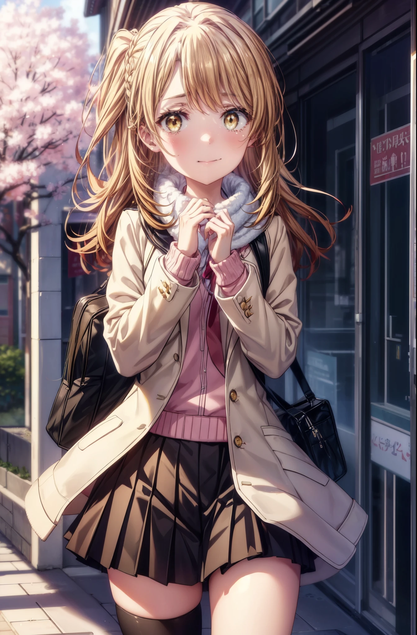 irohaisshiki, iroha isshiki, long hair, short braided hair,ponytail,brown hair, (brown eyes:1.5), smile,yellow muffler,pink long coat　There is space in front,white sweater,black long skirt,black pantyhose,short boots,Big tears are running down her face,Crying with joy,cry a lot,A piece of paper with a large number of numbers written on it is pasted on the bulletin board in front of the school building.,happy crowd,cherry blossoms are blooming,Cherry blossoms are scattered,pink scenery,Announcement of university results,have a piece of paper with numbers written on it,
break outdoors, University buildings,
break looking at viewer,
break (masterpiece:1.2), highest quality, High resolution, unity 8k wallpaper, (figure:0.8), (detailed and beautiful eyes:1.6), highly detailed face, perfect lighting, Very detailed CG, (perfect hands, perfect anatomy),