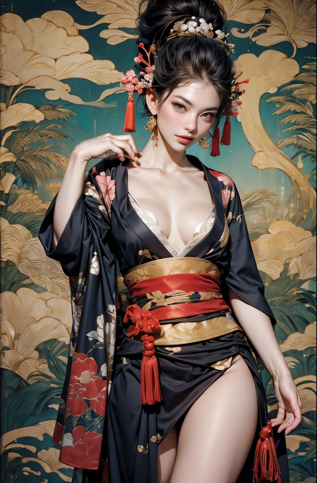 Umalinda warrior sexy, pretty face, Delicious Company, Alluring figure, Wearing a sexy open kimono. The artwork is created in a medium reminiscent of Japanese ink paintings....., 具有大胆的笔触和Monochromatic color palette. artist&#39;Masterful technique reveals the intensity and power of the image&#39;sense of presence，with the highest quality, Perfectly capture every detail with ultra-high resolution. Textures and intricate patterns on kimonos are rendered with extreme precision. Lighting is carefully designed，Enhance drama, Features deep shadows and subtle highlights. General, The artwork exudes elegance and power, Combining traditional Japanese aesthetics with a modern feel. Monochromatic color palette, Combine details, Create captivating and immersive experiences for your audience.