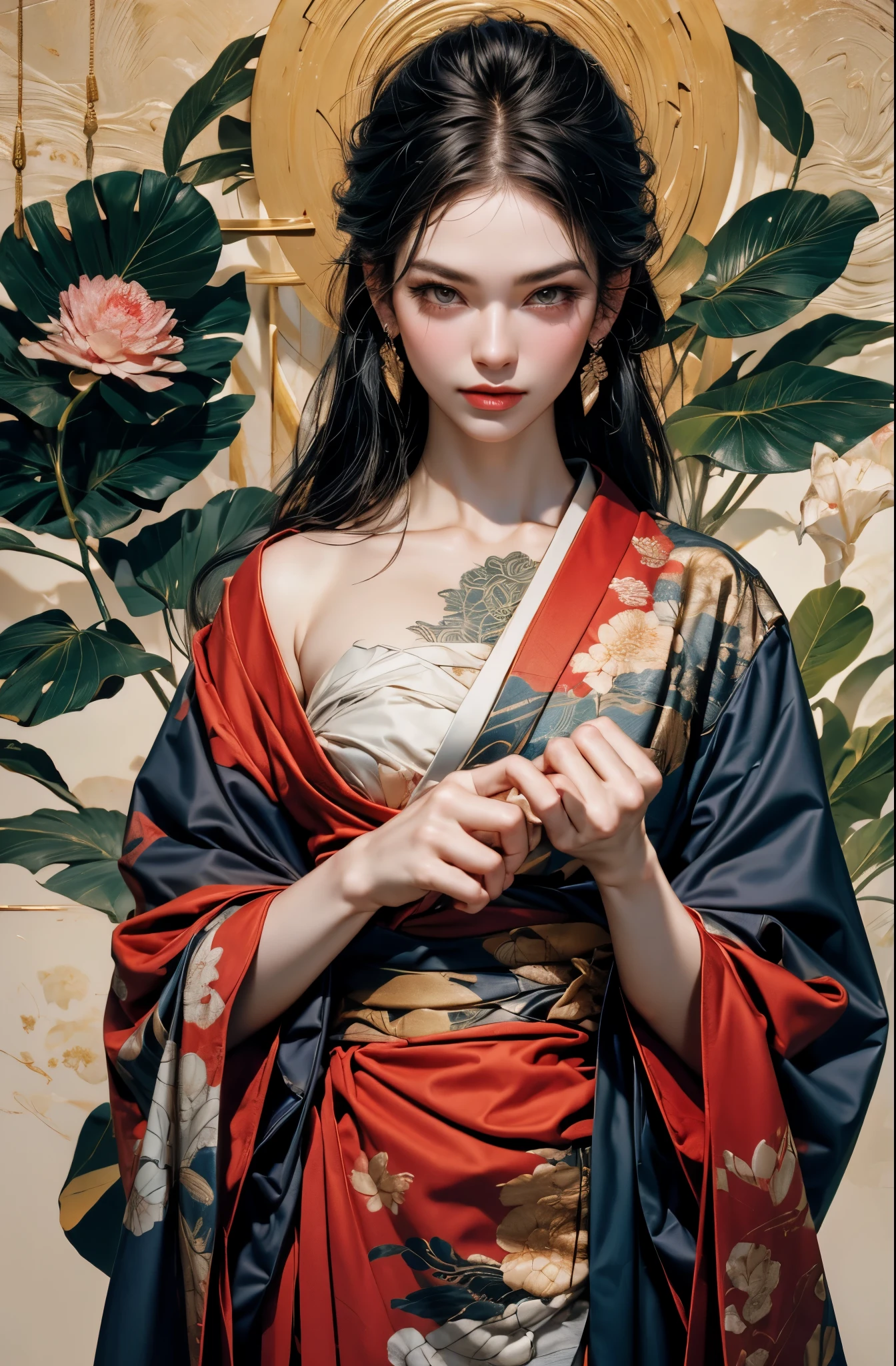 Umalinda warrior sexy, pretty face, Delicious Company, Alluring figure, Wearing a sexy open kimono. The artwork is created in a medium reminiscent of Japanese ink paintings....., 具有大胆的笔触和Monochromatic color palette. artist&#39;Masterful technique reveals the intensity and power of the image&#39;sense of presence，with the highest quality, Perfectly capture every detail with ultra-high resolution. Textures and intricate patterns on kimonos are rendered with extreme precision. Lighting is carefully designed，Enhance drama, Features deep shadows and subtle highlights. General, The artwork exudes elegance and power, Combining traditional Japanese aesthetics with a modern feel. Monochromatic color palette, Combine details, Create captivating and immersive experiences for your audience.