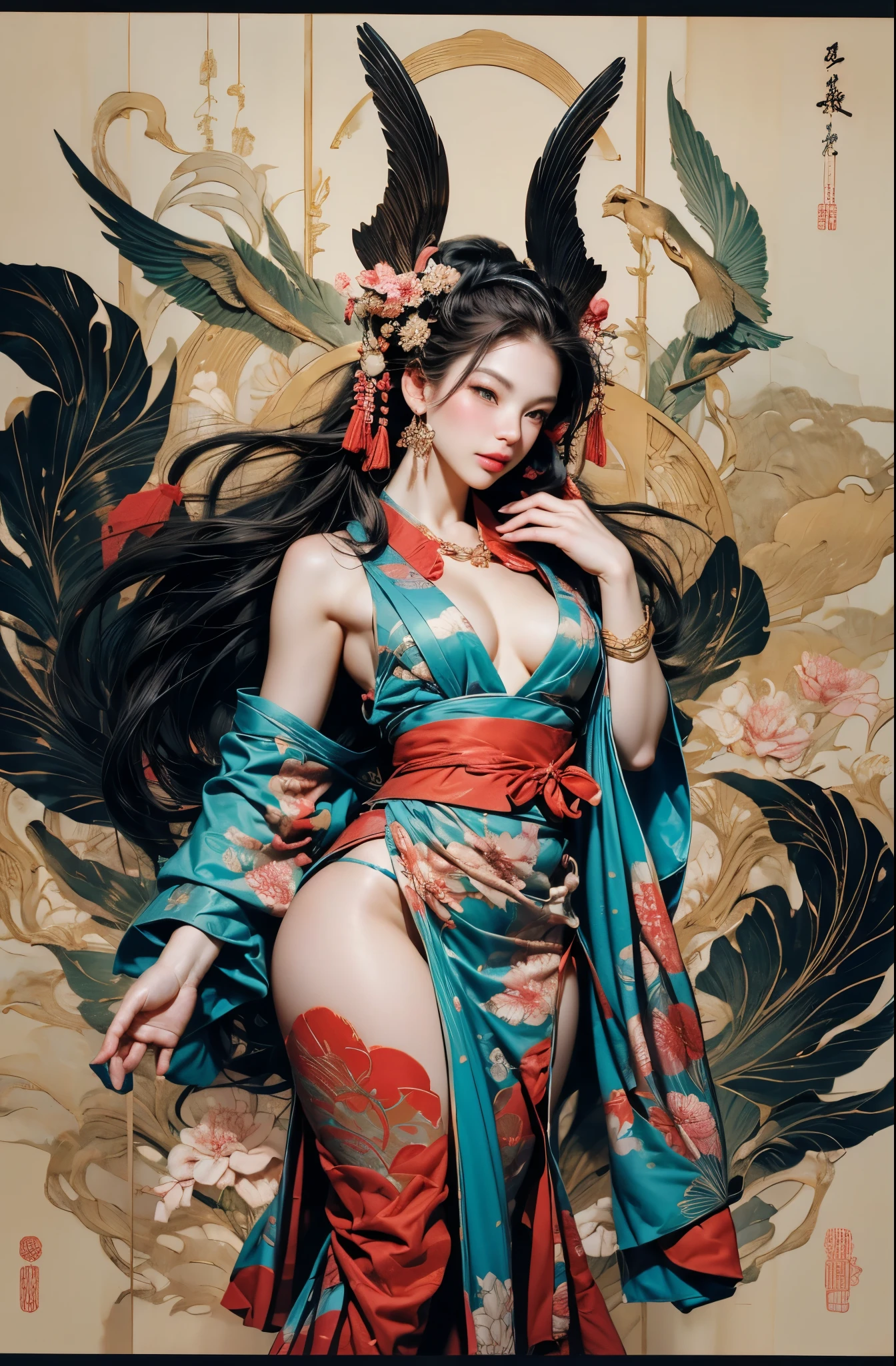 Umalinda warrior sexy, pretty face, Delicious Company, Alluring figure, Wearing a sexy open kimono. The artwork is created in a medium reminiscent of Japanese ink paintings....., 具有大胆的笔触和Monochromatic color palette. artist'Masterful technique reveals the intensity and power of the image'sense of presence,with the highest quality, Perfectly capture every detail with ultra-high resolution. Textures and intricate patterns on kimonos are rendered with extreme precision. Lighting is carefully designed,Enhance drama, Features deep shadows and subtle highlights. General, The artwork exudes elegance and power, Combining traditional Japanese aesthetics with a modern feel. Monochromatic color palette, Combine details, Create captivating and immersive experiences for your audience.
