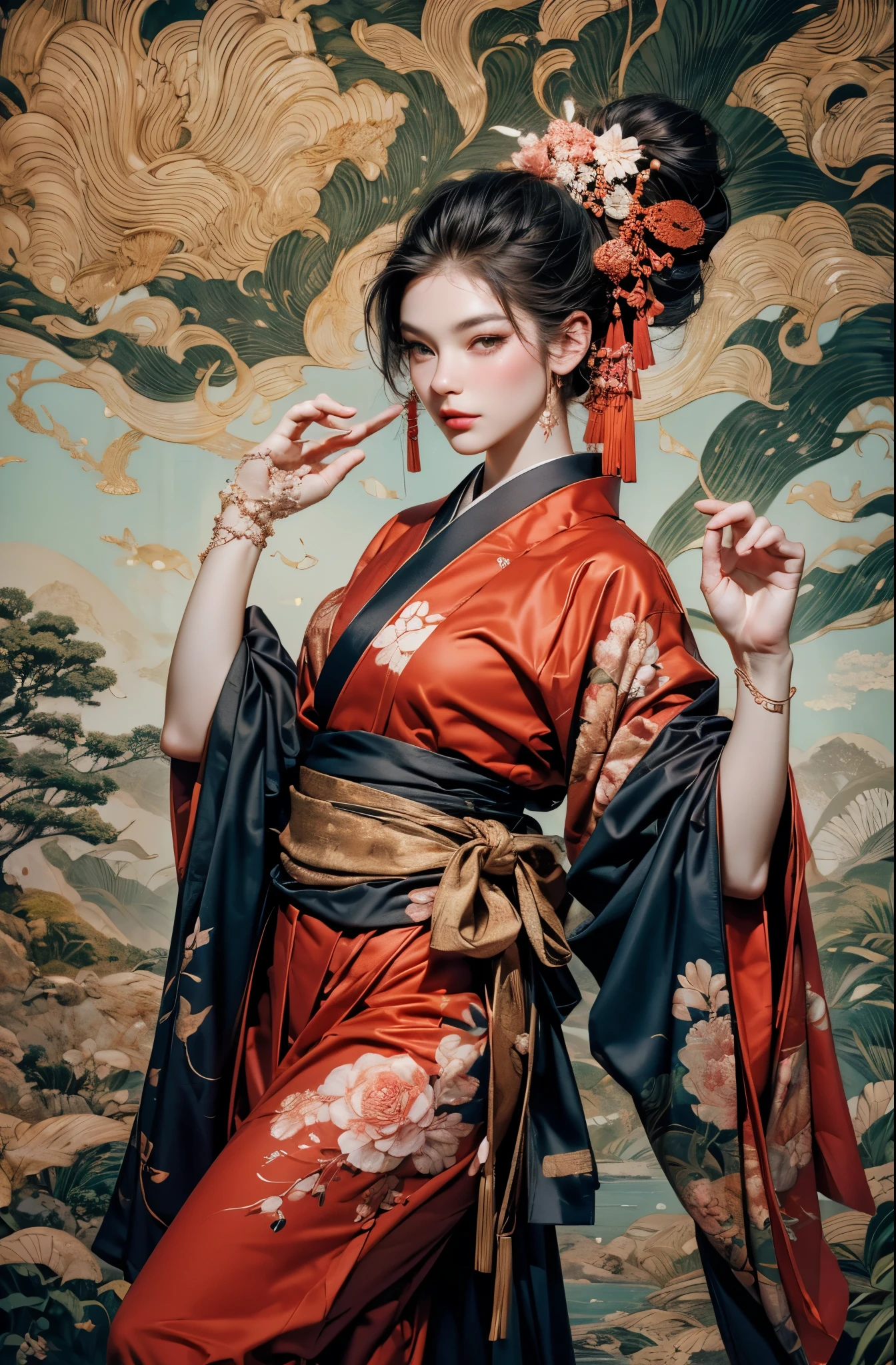 Umalinda warrior sexy, pretty face, Delicious Company, Alluring figure, Wearing a sexy open kimono. The artwork is created in a medium reminiscent of Japanese ink paintings....., 具有大胆的笔触和Monochromatic color palette. artist&#39;Masterful technique reveals the intensity and power of the image&#39;sense of presence，with the highest quality, Perfectly capture every detail with ultra-high resolution. Textures and intricate patterns on kimonos are rendered with extreme precision. Lighting is carefully designed，Enhance drama, Features deep shadows and subtle highlights. General, The artwork exudes elegance and power, Combining traditional Japanese aesthetics with a modern feel. Monochromatic color palette, Combine details, Create captivating and immersive experiences for your audience.