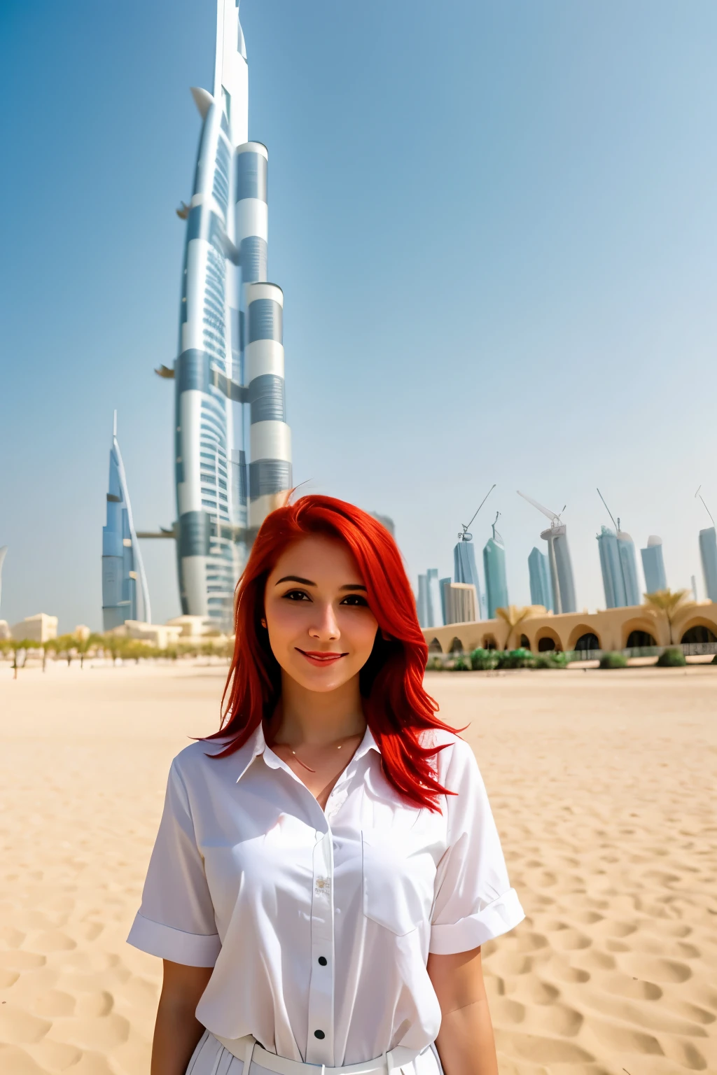 girl with red hair ,in Dubai with the Tower in the background
