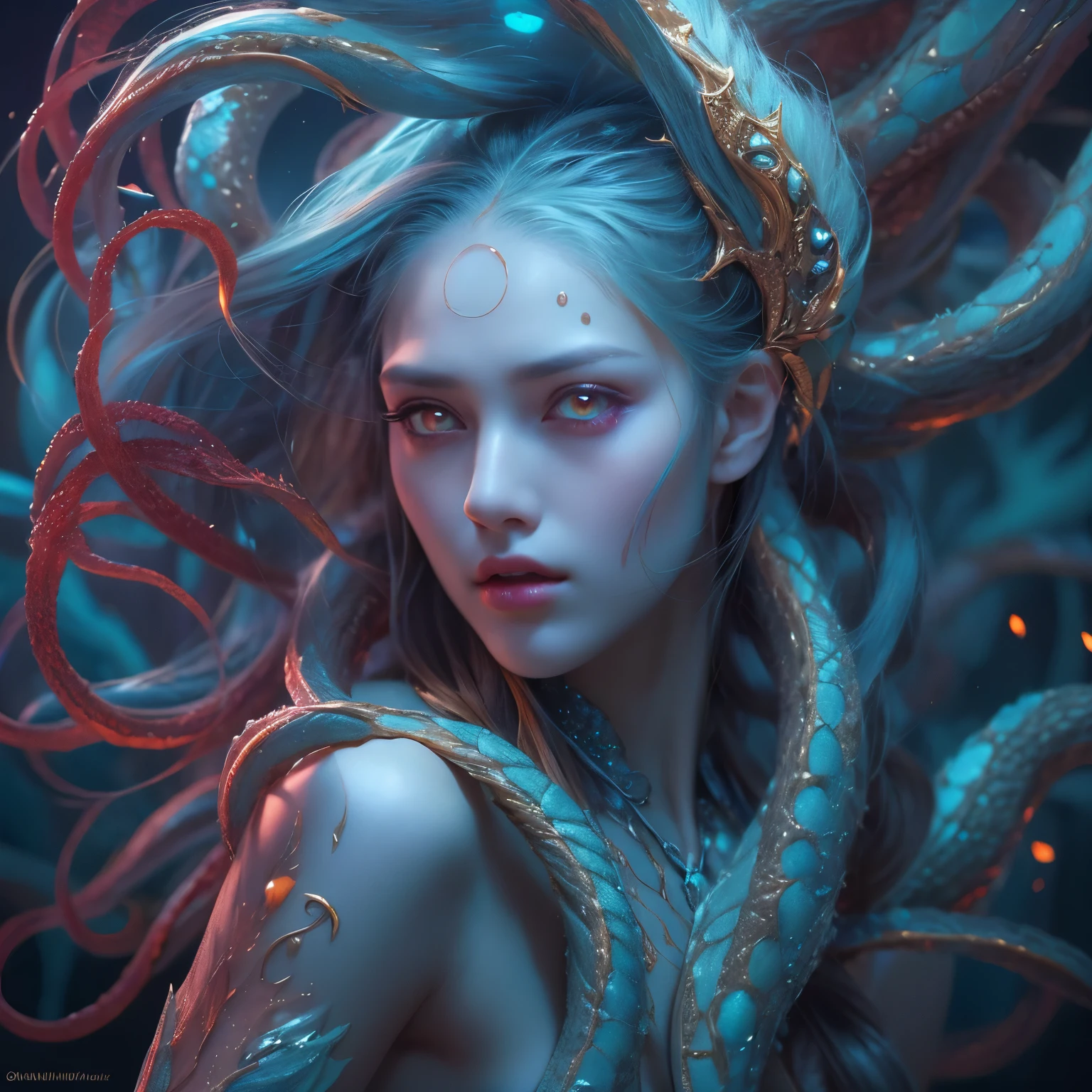 (1 female medusa-like mutant: 1.2), With a beautiful, enchanting face, this alien seduces us with her allure. Her captivating red eyes gleam brightly, reminiscent of burning embers. Her full body is unlike any human's, boasting a sexy, otherworldly form. No humans are present in this scene as she stands alone, her cells fused in a unique and intriguing extraterrestrial way.
(extraordinary beautiful nude photo:1.4), (glowing Aquamarine eyes:1.5), (sexy and glamorous:1.1), (coquettish expression:1.2), toned lean body, (muscular:1.2), (beautiful abs:1.5), beautiful nipples, She has lots of iridescent translucent tentacles instead of her hair, pale skin, (white skin with prominent veins:1.3),
Lots of iridescent translucent tentacles adorn her body, shimmering under the dramatic lighting. Her pale skin, with a hint of translucency, adds to her ethereal allure. This masterpiece, rendered in, (There is a female genital-like organ in the middle of the forehead:1.6),