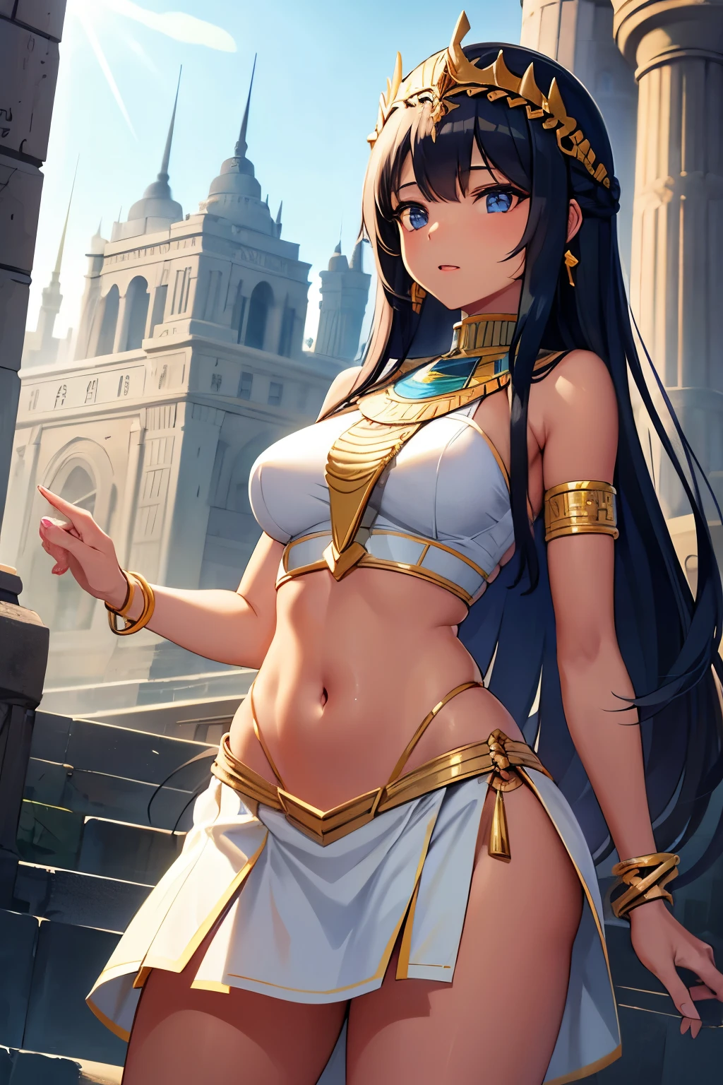 1girl, bangs, long hair, egyptian queen, tan skin, brown skin, blue eyes, white dress, midriff, short skirt, middle-aged woman, mature woman, mother, ancient egypt palace, thick body, venus body