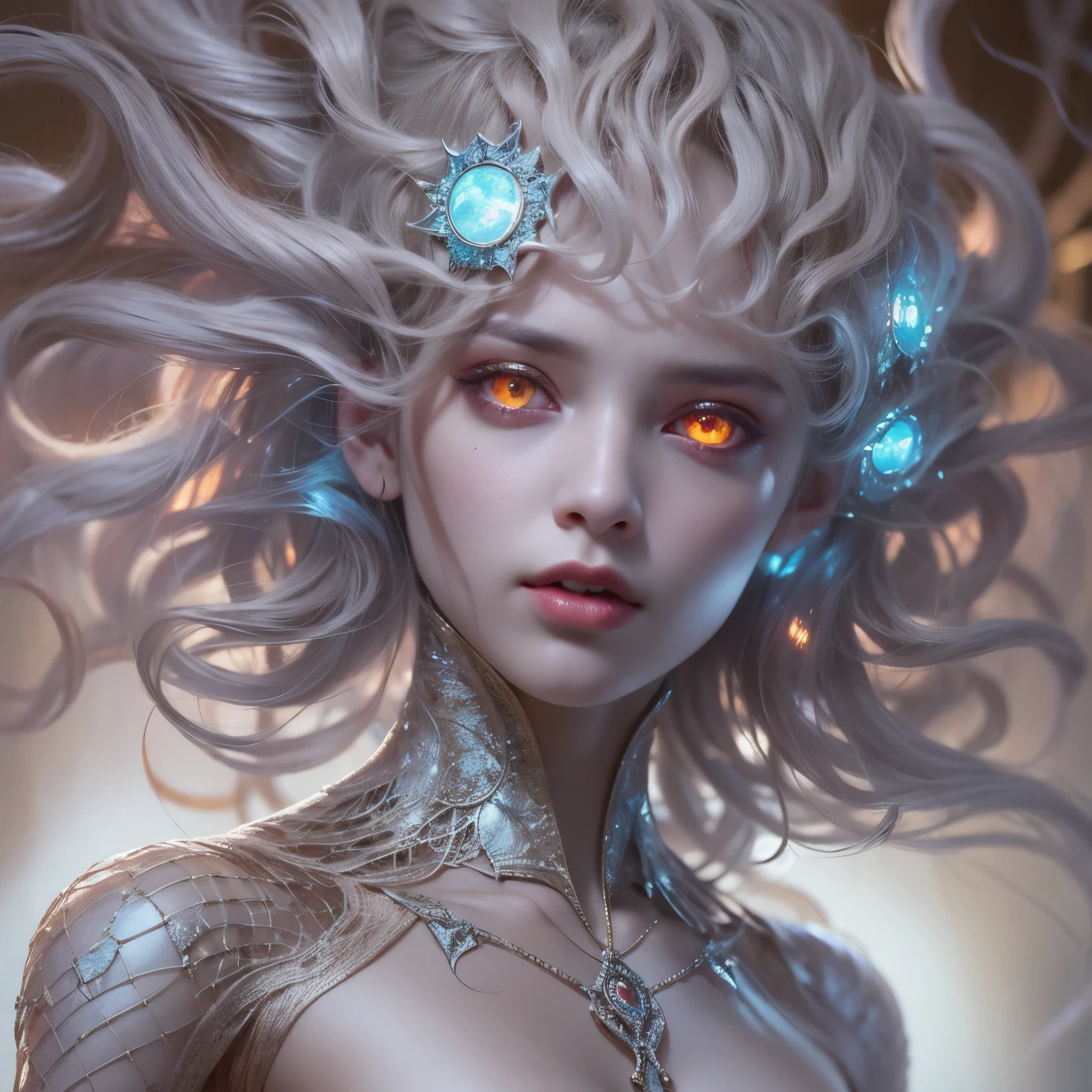 (1 female medusa-like mutant: 1.2), With a beautiful, enchanting face, this alien seduces us with her allure. Her captivating red eyes gleam brightly, reminiscent of burning embers. Her full body is unlike any human's, boasting a sexy, otherworldly form. No humans are present in this scene as she stands alone, her cells fused in a unique and intriguing extraterrestrial way.
(extraordinary beautiful nude photo:1.4), (glowing Moonstone eyes:1.5), (sexy and glamorous:1.1), (coquettish expression:1.2), toned lean body, (muscular:1.2), (beautiful abs:1.5), beautiful nipples, She has lots of iridescent translucent tentacles instead of her hair, pale skin, (white skin with prominent veins:1.3),
Lots of iridescent translucent tentacles adorn her body, shimmering under the dramatic lighting. Her pale skin, with a hint of translucency, adds to her ethereal allure. This masterpiece, rendered in, (There is a female genital-like organ in the middle of the forehead:1.6),