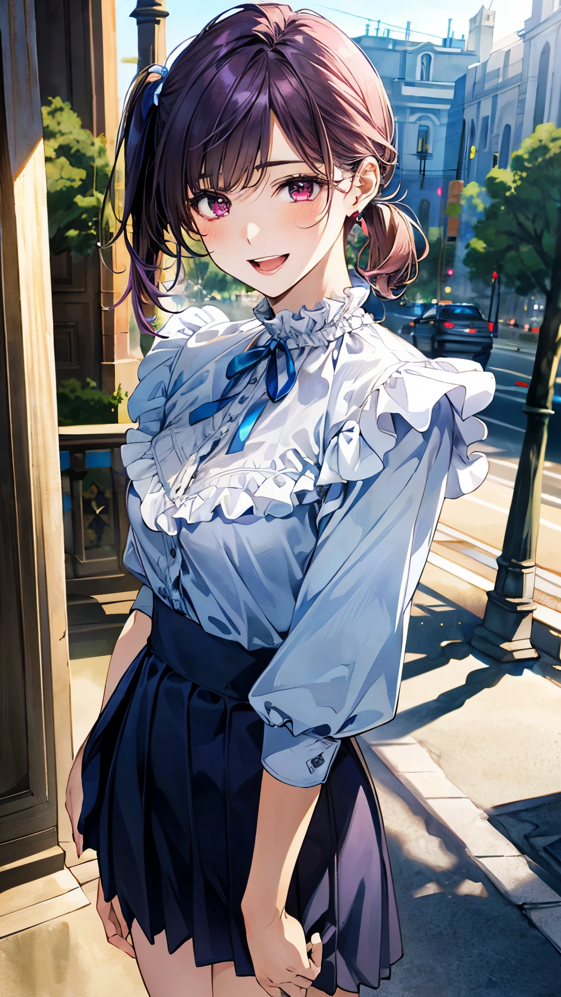 (masterpiece:1.2, top-quality), (realistic, photorealistic:1.4), beautiful illustration, (natural side lighting, movie lighting),
looking at viewer, 1 girl, japanese, 15 years old, perfect face, (perfect anatomy), cute and symmetrical face, shiny skin, slender,
(short hair, side ponytail, purple hair), asymmetrical bangs, dark red eyes, drooping eyes, big eyes, long eye lasher, (medium breasts),
beautiful hair, beautiful face, beautiful detailed eyes, beautiful clavicle, beautiful body, beautiful chest, beautiful thigh, beautiful legs,
((light blue high neck frill blouse, dark crown circular skirt)), pink hair chouchou,
(beautiful scenery), depth of field, evening, walk, (park, cityscape in the distance), (happy smile, open mouth),
