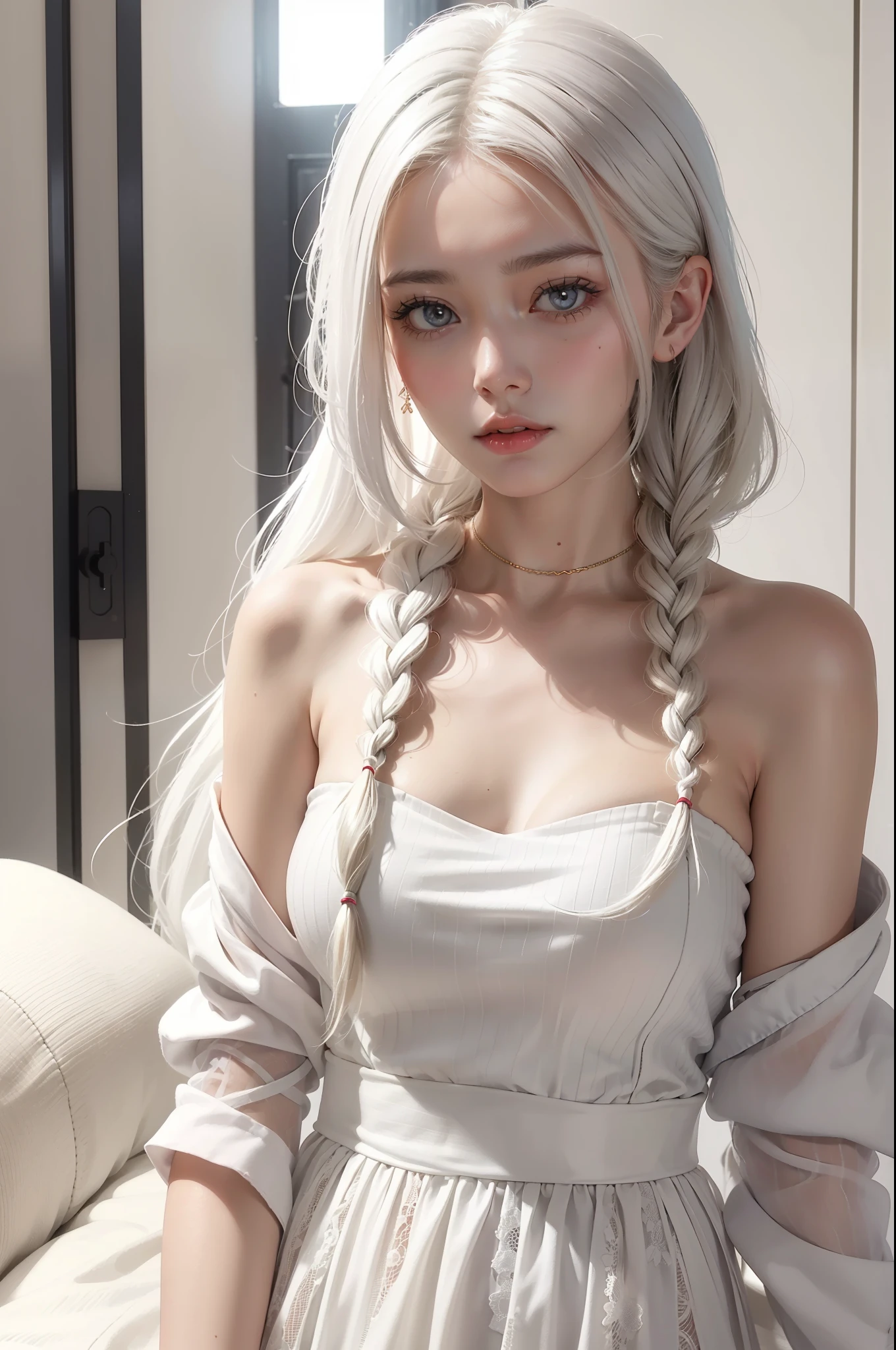 better quality、Masterpiece、White hair、golden eye、white clothes、Search、Upper body、strands of hair、clean skin、side braid、Looking at the viewer with sadness、are visible、Beautiful 、、transparent clothes