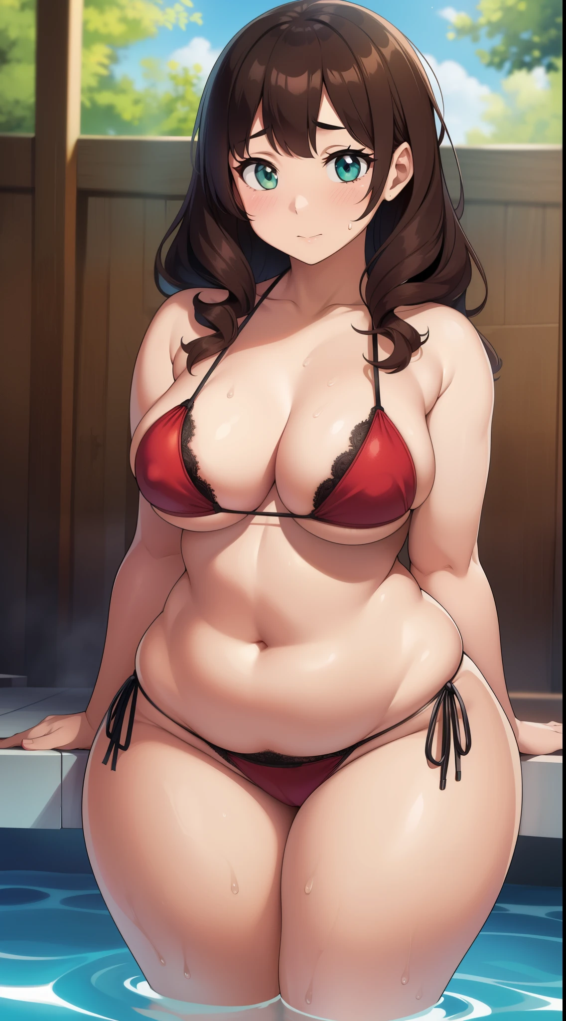 ((Masterpiece)), perfect anatomy, perfect shading, field of depth, (best quality), extremely delicate and beautiful, perfect lighting, detailed face, ultra cute face, cute, (cowboy shot 1.2), full body, (((1girl))), ((solo)), looking at viewer,
long hair, curly hair, brown hair, green eyes, ((Blush)), shy, nervous, (red side tie bikini 1.5), extremely tight bikini, medium breasts, ((wide hips)), ((thick thighs)), ((chubby)),
backyard pool, intricate background, detailed background,
