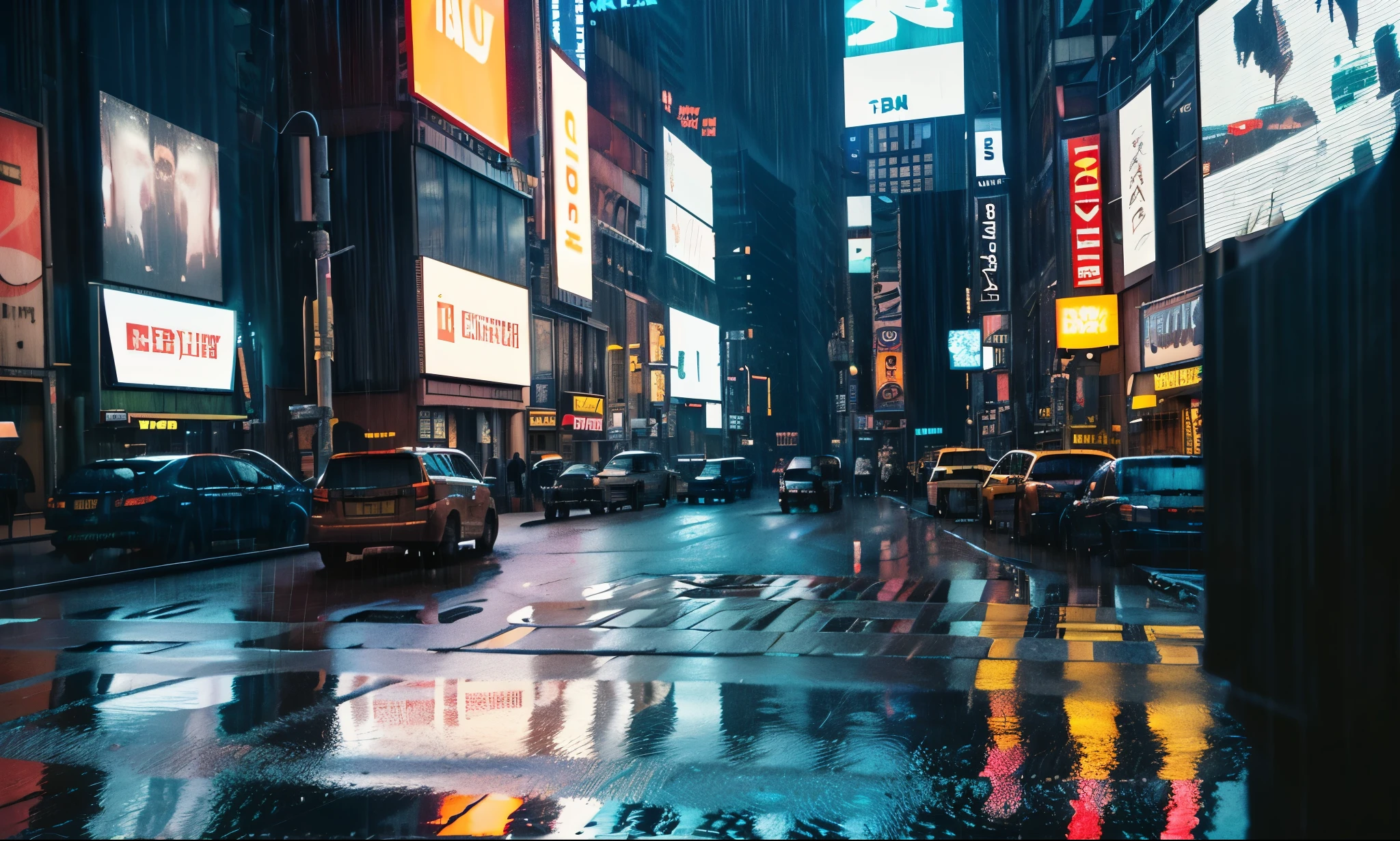 (street photography: 1.4), photograph of nyc times square, masterpiece, (realism: 1.4), best quality, beautiful lighting, cinematic composition, (night rain background: 1.7), futuristic LED, (LED billboards: 1.5), (very detailed complex grotesque background: 1.2), gothic dystopia, [cinema street photography: 1.7], shot on 90mm imax film, anamorphic cinema lens, extremely high dynamic range , 8k uhd 12-bit colour, RAW photo, film grain, photo realism, in (a huge metropolis in a future dystopia), viewed from street , (HDR: 1.4), (inspired from gotham city 2022: 0.8)
