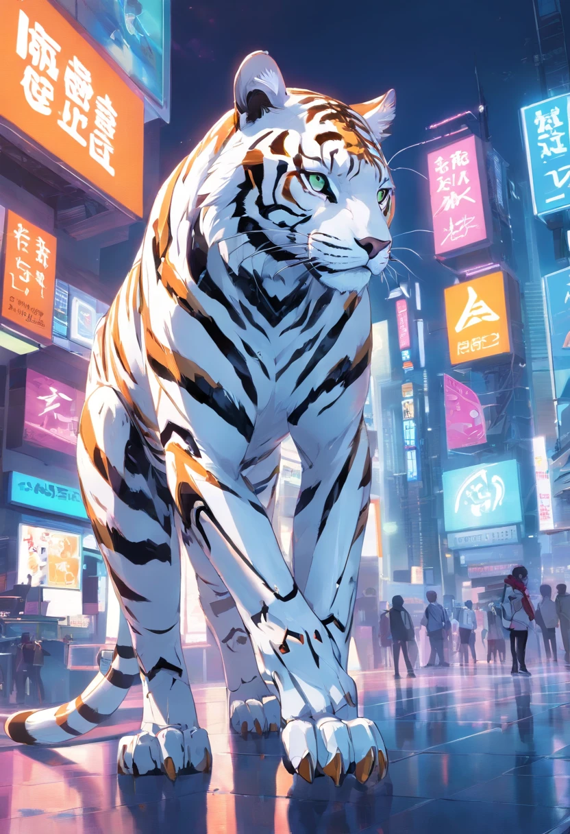 make a tigress robot, white tigress with black stripes, scar on the eye, has hind legs and sharp claws., cyberpunk, Dreamy glow, glowing neon lights, clean, White background, ( Global Illumination, stripes, HDR, Unrealistic rendering, reasonable design, High detail, Masterpiece, Best quality, hyper HD, cinematic lighting)