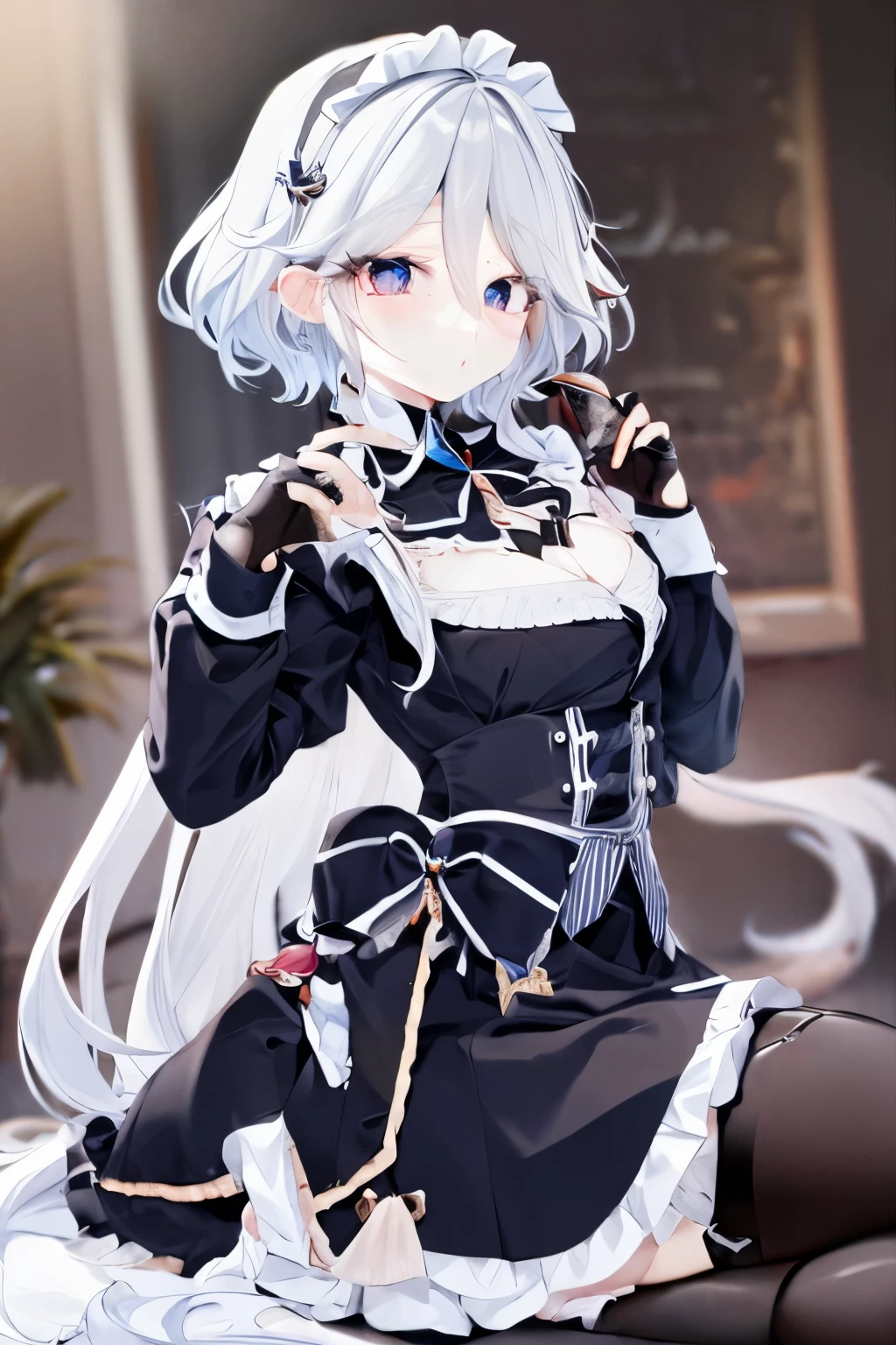 Furina (long hair) , kawaii big eyes , mistress , lustful wife ,Beautiful thighs ,Medium bust , Smooth abdomen , maid attire, black pantyhose, student shoes