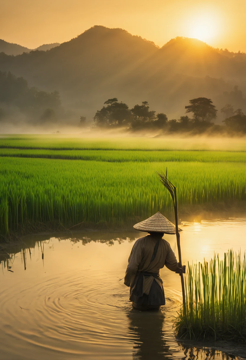 Tranquil sunrise over a sprawling rice paddy, (paddy/Inada), mist hovering above the water-logged fields, farmers beginning their day in the distance, traditional conical hats, lush green stalks of rice, reflections on the calm water, mountains in the background with the first light of dawn, traditional wooden cottages on stilts, by Hokusai, digital painting, hyperrealism, 8k resolution, serene atmosphere, aesthetic