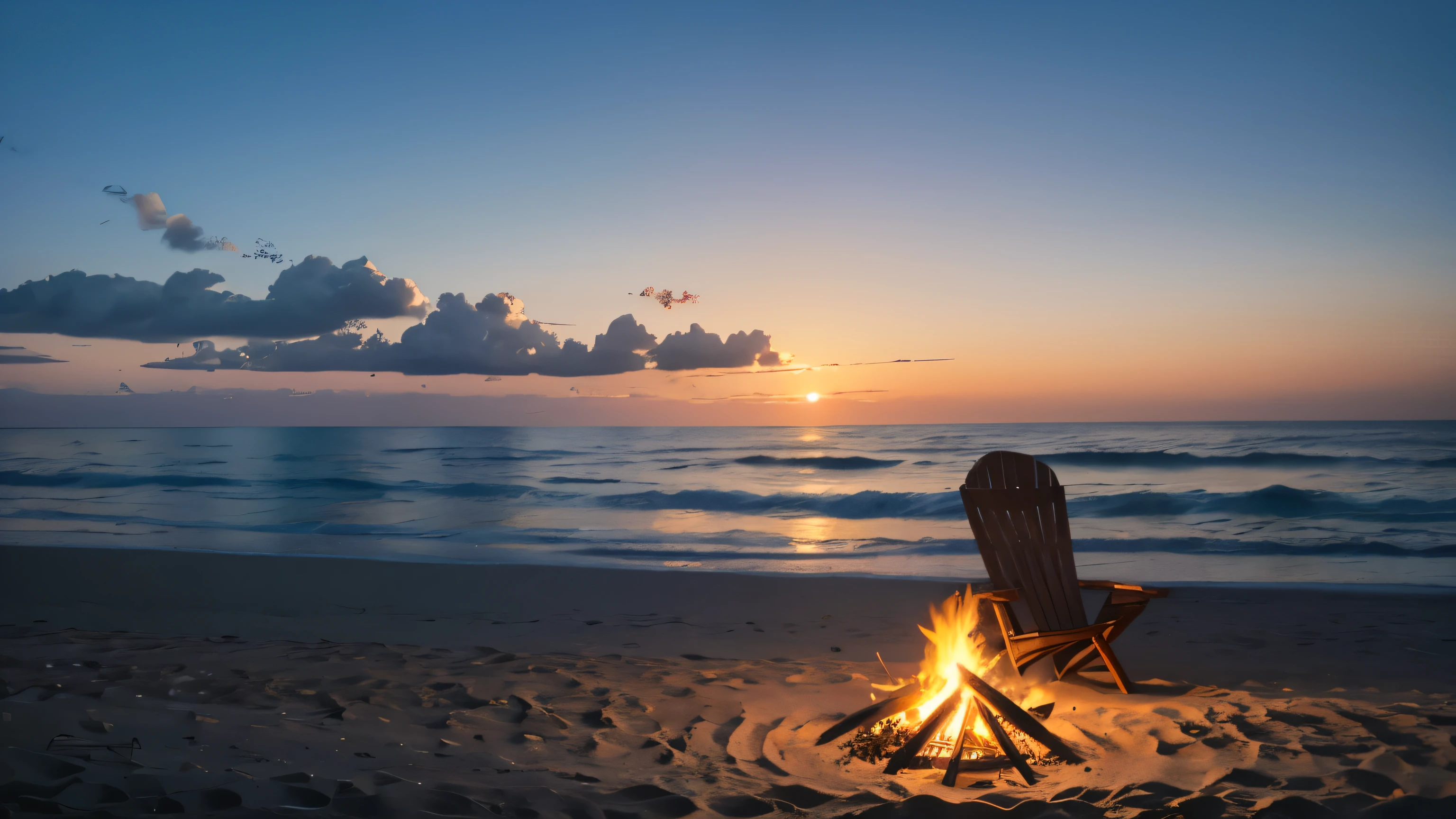 Bonfire on the beach: Bonfire burning on the sandy beach, With the sound of crashing waves and the cool breeze at night..