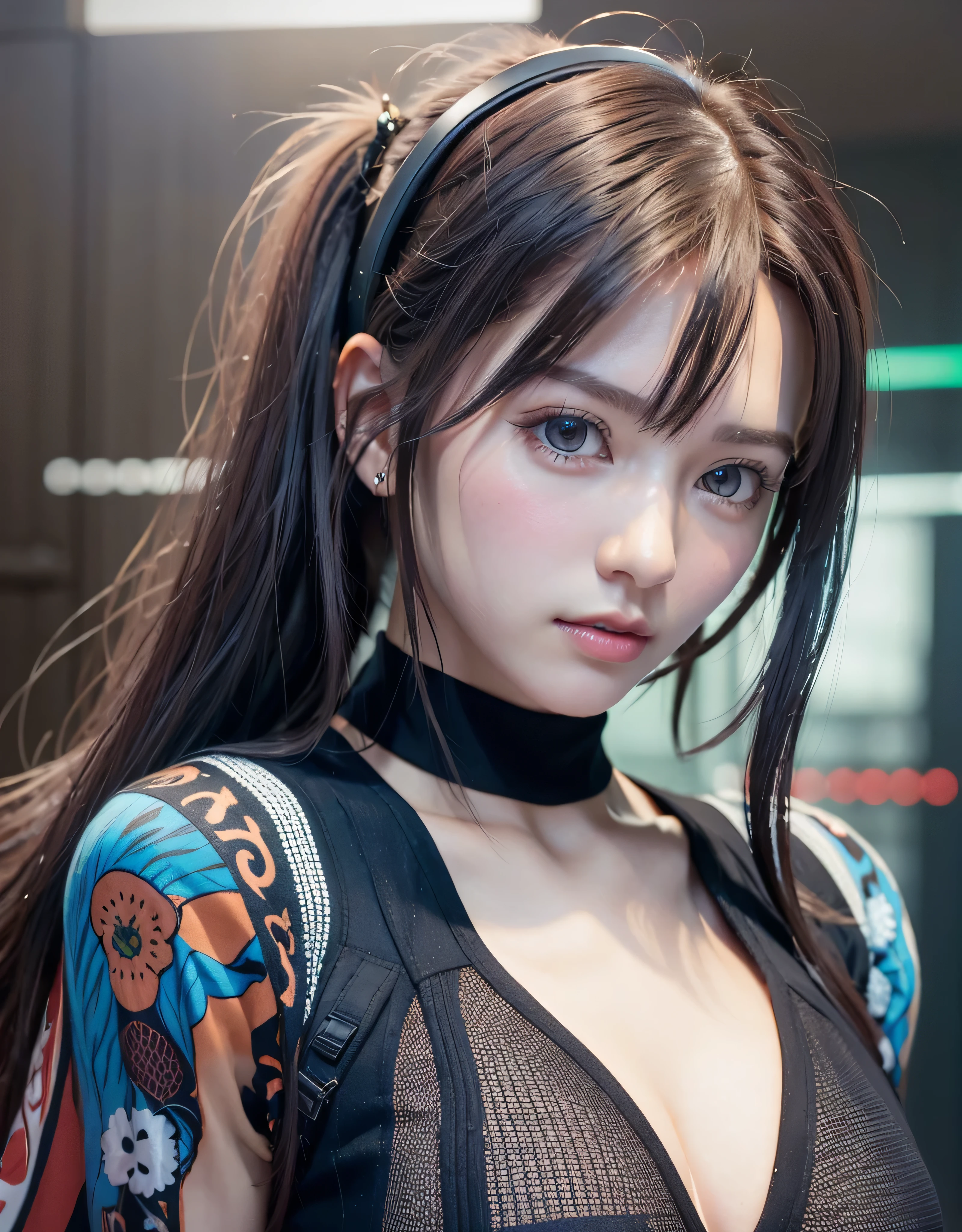 highest quality、8K masterpiece、超A high resolution、(Photoreal:1.3)、RAW photo、1 girl、silver hair、braided twin tails、glowing skin、1 Super Beautiful College Girl、((Ultra realistic details))、portrait、global illumination、Shadow、octane rendering、8k、super sharp、very intricate details、realistic light、Trends in CG society、beautiful eyes、blue shining eyes、towards the camera、headset、thin carbon bodysuit、cleavage、cyberpunk interior,