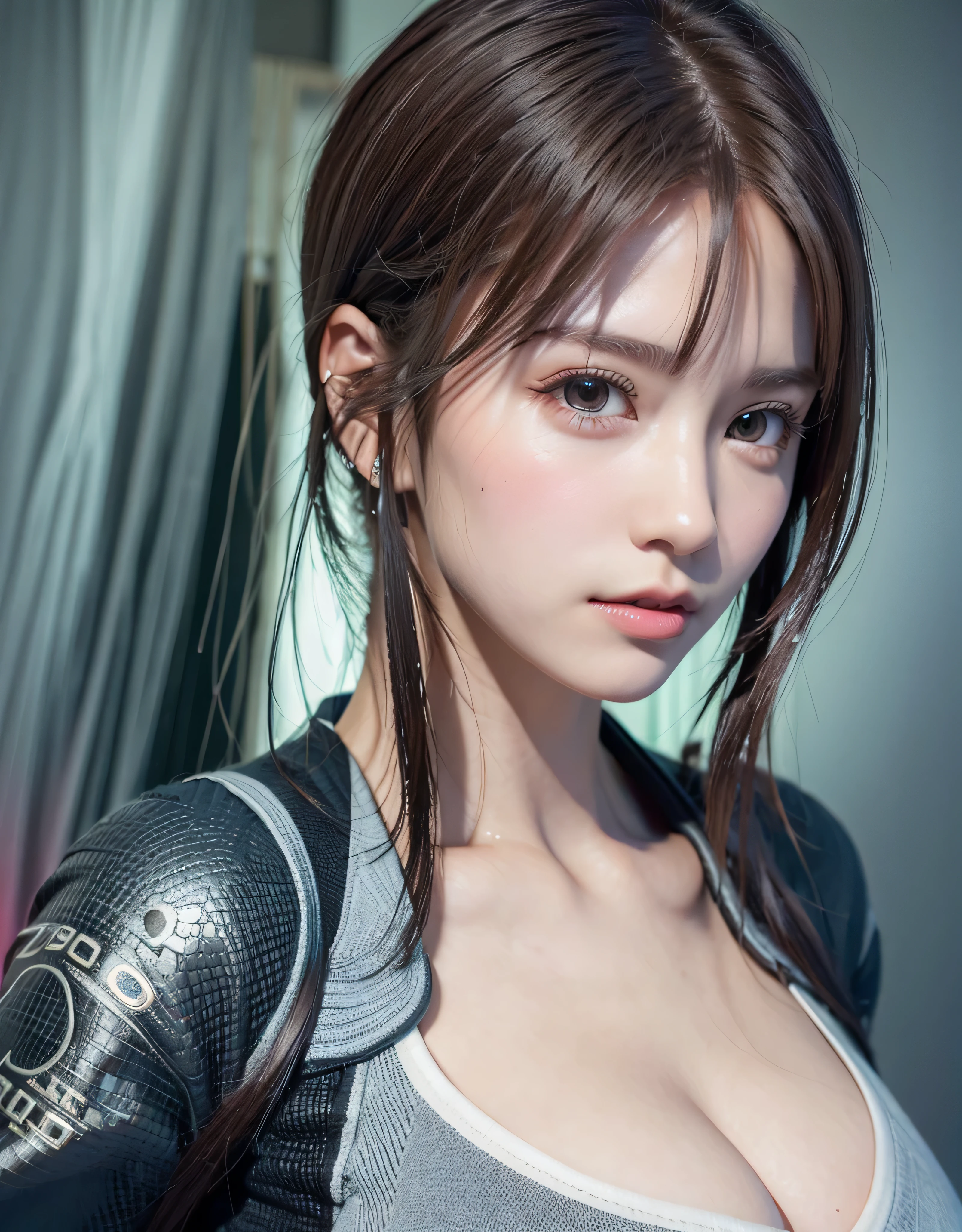 highest quality、8K masterpiece、超A high resolution、(Photoreal:1.3)、RAW photo、1 girl、silver hair、braided twin tails、glowing skin、1 Super Beautiful College Girl、((Ultra realistic details))、portrait、global illumination、Shadow、octane rendering、8k、super sharp、very intricate details、realistic light、Trends in CG society、beautiful eyes、blue shining eyes、towards the camera、headset、Thin transparent bodysuit made of carbon、cleavage、headset、cyberpunk interior,