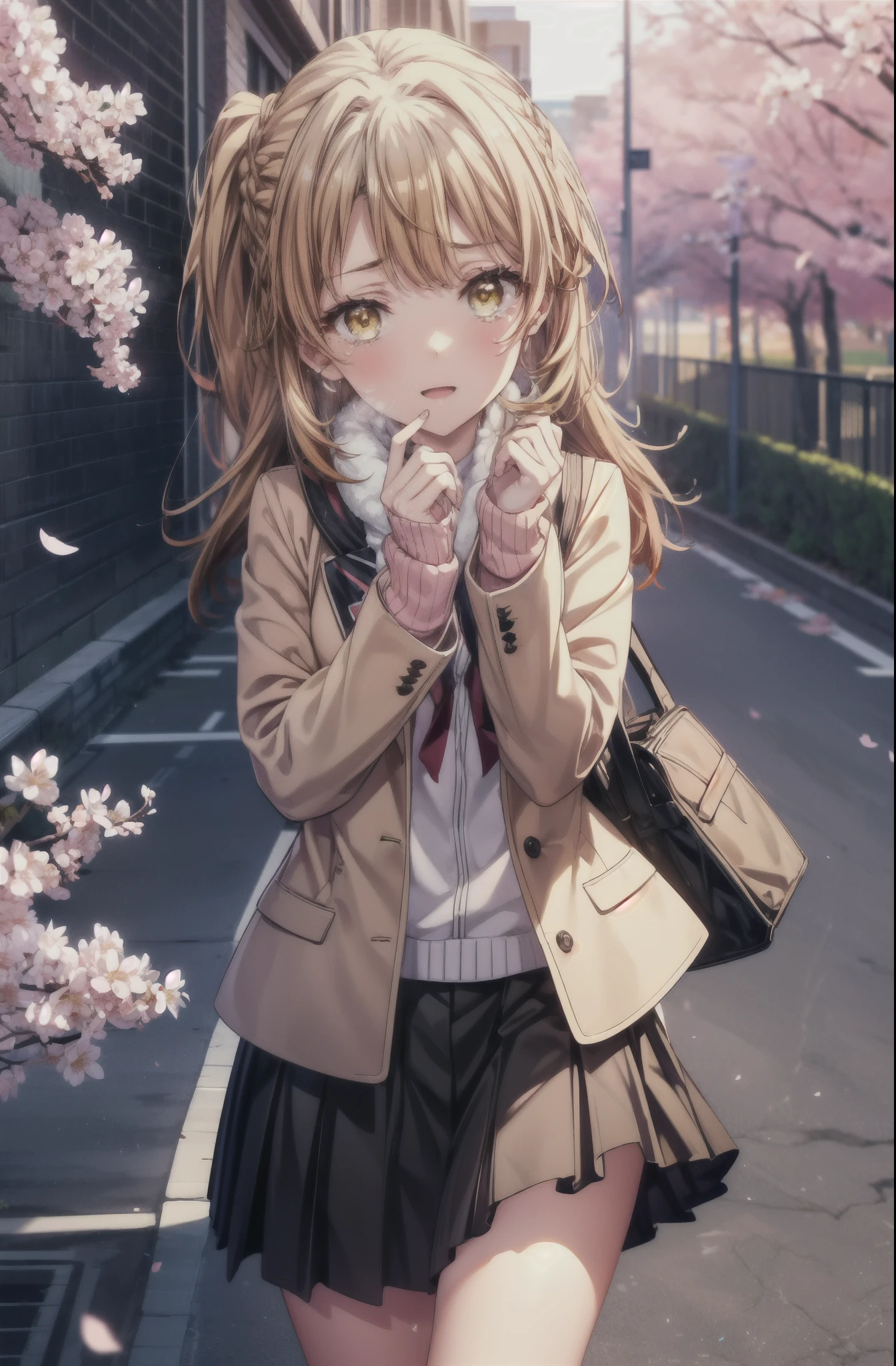 irohaisshiki, iroha isshiki, long hair, short braided hair,ponytail,brown hair, (brown eyes:1.5), smile,yellow muffler,pink long coat There is space in front,white sweater,black long skirt,black pantyhose,short boots,Big tears are running down her face,Crying with joy,cry a lot,A piece of paper with a large number of numbers written on it is pasted on the bulletin board in front of the school building.,happy crowd,cherry blossoms are blooming,Cherry blossoms are scattered,pink scenery,Announcement of university results,have a piece of paper with numbers written on it,
break outdoors, University buildings,
break looking at viewer,
break (masterpiece:1.2), highest quality, High resolution, unity 8k wallpaper, (figure:0.8), (detailed and beautiful eyes:1.6), highly detailed face, perfect lighting, Very detailed CG, (perfect hands, perfect anatomy),