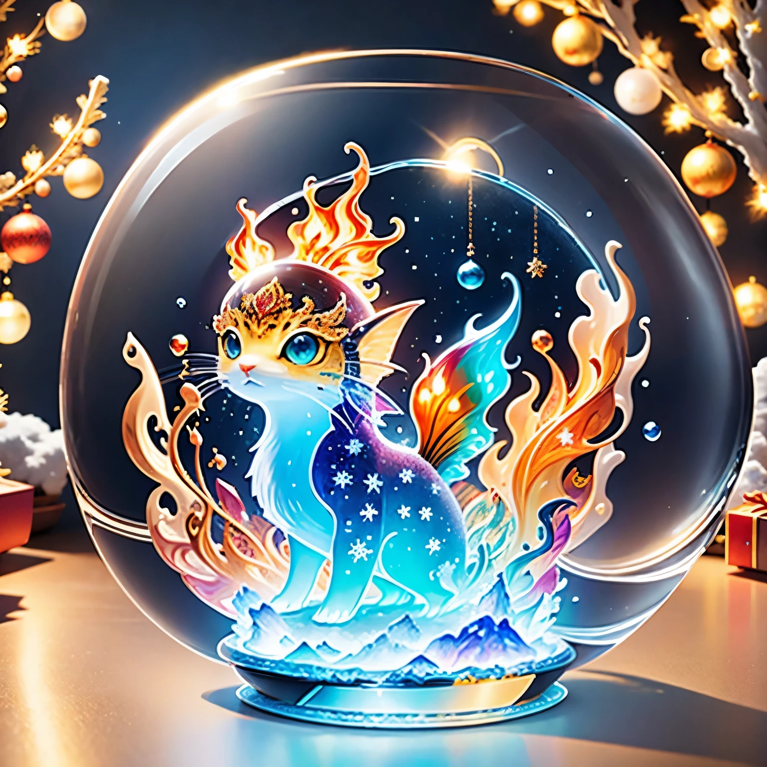 (La best quality,high resolution,super detailed,actual)，Flame fish formed from jelly，snow，in the room，Christmas decoration，surrounded by christmas gifts，（（A masterpiece full of fantasy elements）））， （（best quality））， （（intricate details））（8k）