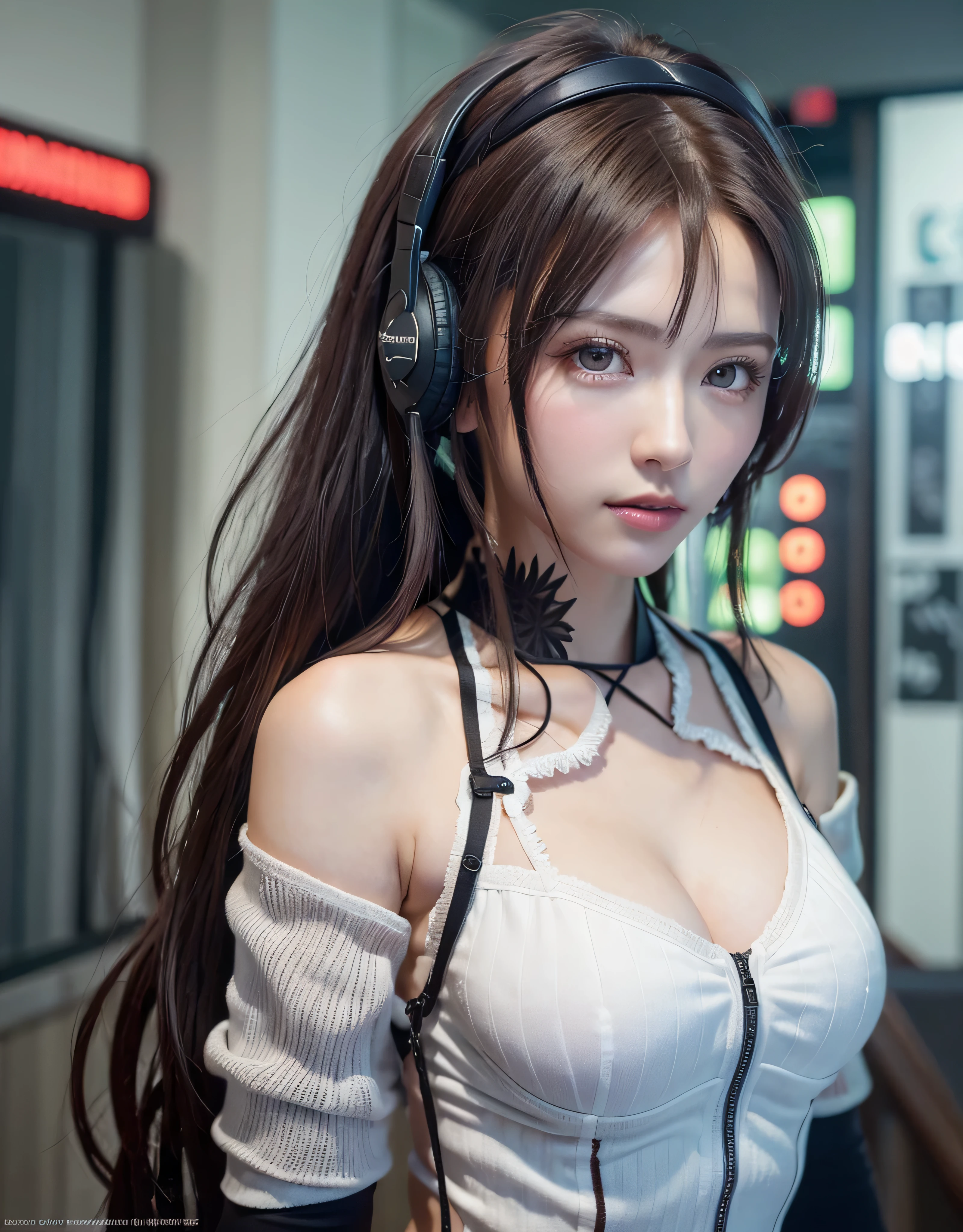 highest quality、8K masterpiece、超A high resolution、(Photoreal:1.3)、RAW photo、1 girl、silver hair、braided twin tails、glowing skin、1 Super Beautiful College Girl、((Ultra realistic details))、portrait、global illumination、Shadow、octane rendering、8k、super sharp、very intricate details、realistic light、Trends in CG society、beautiful eyes、blue shining eyes、towards the camera、headset、Simple thin transparent tight bodysuit、cleavage、headset、cyberpunk interior,