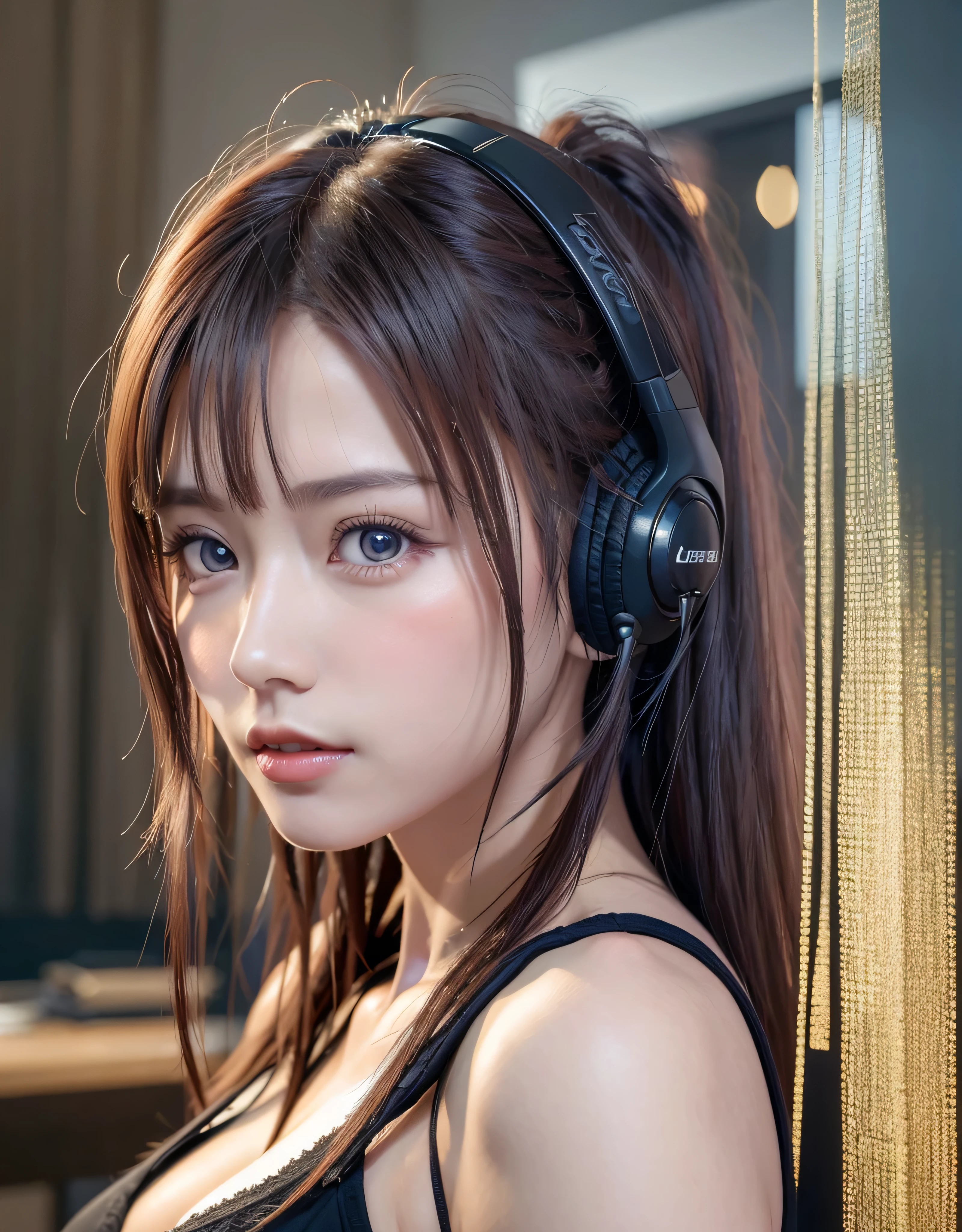 highest quality、8K masterpiece、超A high resolution、(Photoreal:1.3)、RAW photo、1 girl、silver hair、braided twin tails、glowing skin、1 Super Beautiful College Girl、((Ultra realistic details))、portrait、global illumination、Shadow、octane rendering、8k、super sharp、very intricate details、realistic light、Trends in CG society、beautiful eyes、blue shining eyes、towards the camera、headset、Simple thin transparent tight bodysuit、cleavage、headset、cyberpunk interior,