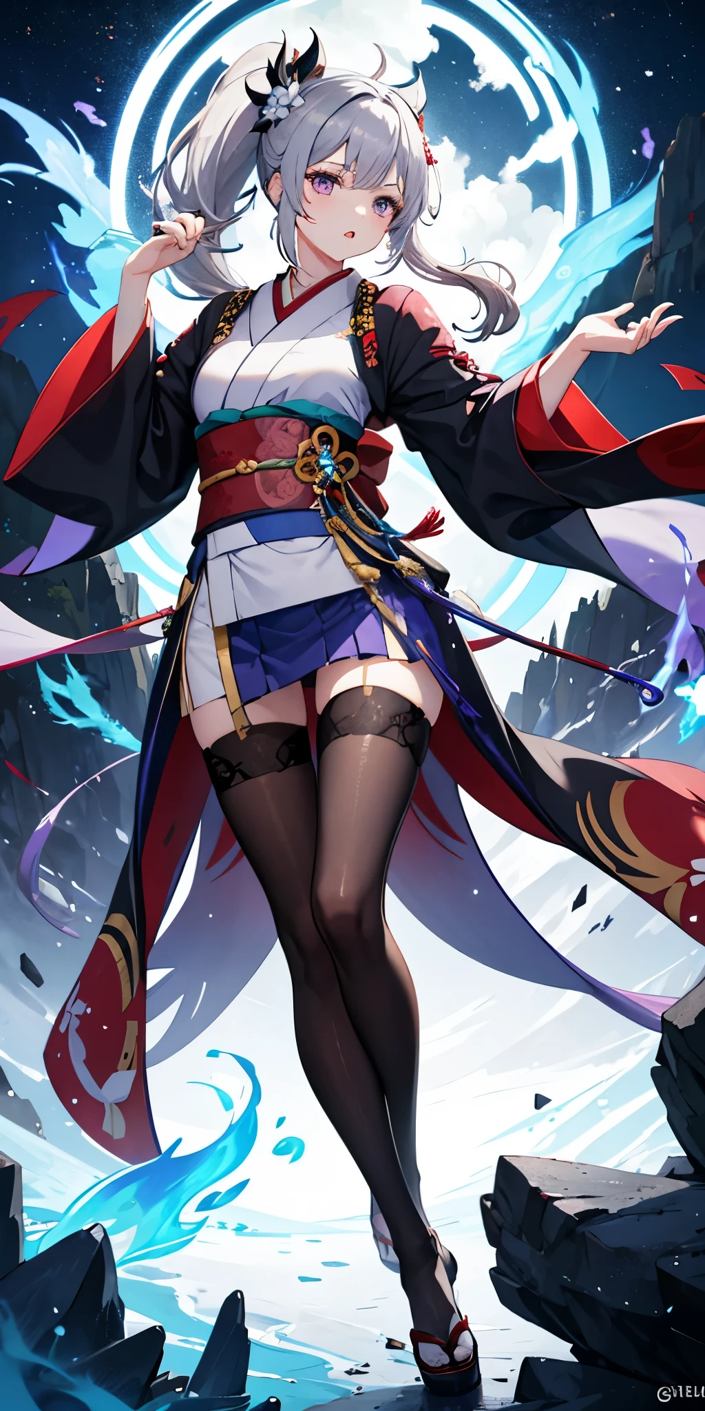 1 girl, kimono, ponytail ,gray hair, purple eyes, magic circle, blue fire, blue flame, wallpaper, landscape, Blood, Blood splatter, Depth of the bounds written, night, particles of light, light, side light, thighs, destiny \(series\), genshin impact, ****, open jacket, skirt, Thighhighs, cloud