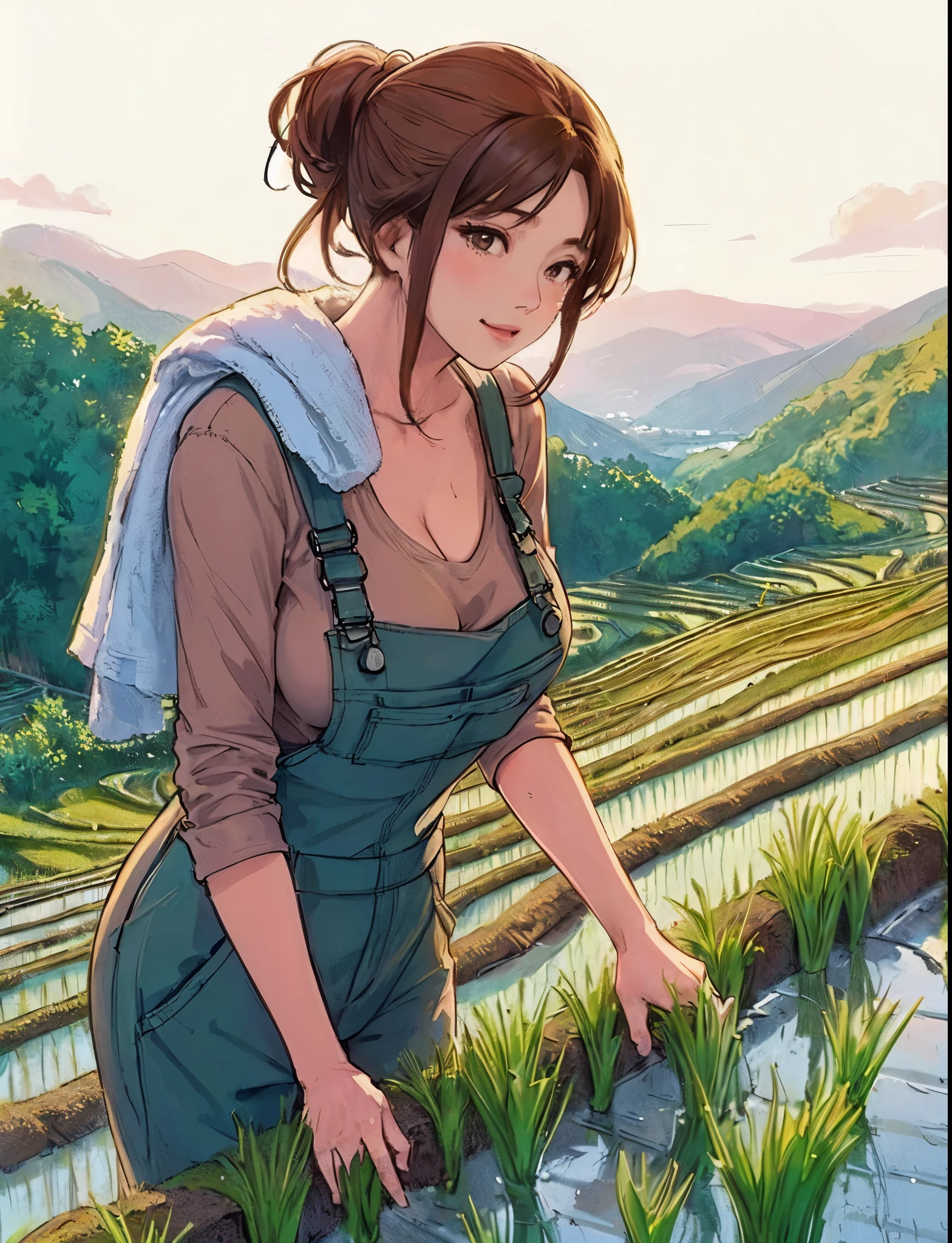 1lady solo, (planting rice) standing (bent over), (jumpsuit overalls) stylish, mature female, /(brown hair/) bangs, blush (light smile:0.8), (masterpiece best quality:1.2) delicate illustration ultra-detailed, medium breasts, (towel around neck) BREAK (rice paddy) outdoors, (rice terraces:1.2), countryside, noon, detailed background