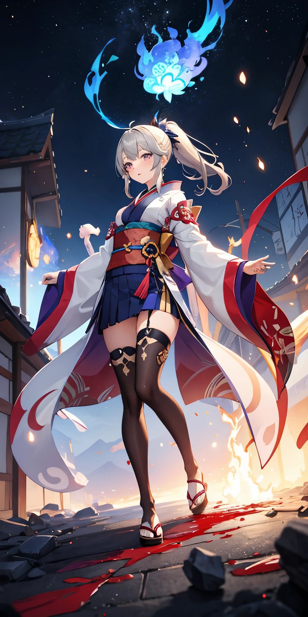 1 girl, kimono, ponytail ,gray hair, purple eyes, magic circle, blue fire, blue flame, wallpaper, landscape, Blood, Blood splatter, Depth of the bounds written, night, particles of light, light, side light, thighs, destiny \(series\), genshin impact, ****, open jacket, skirt, Thighhighs, cloud