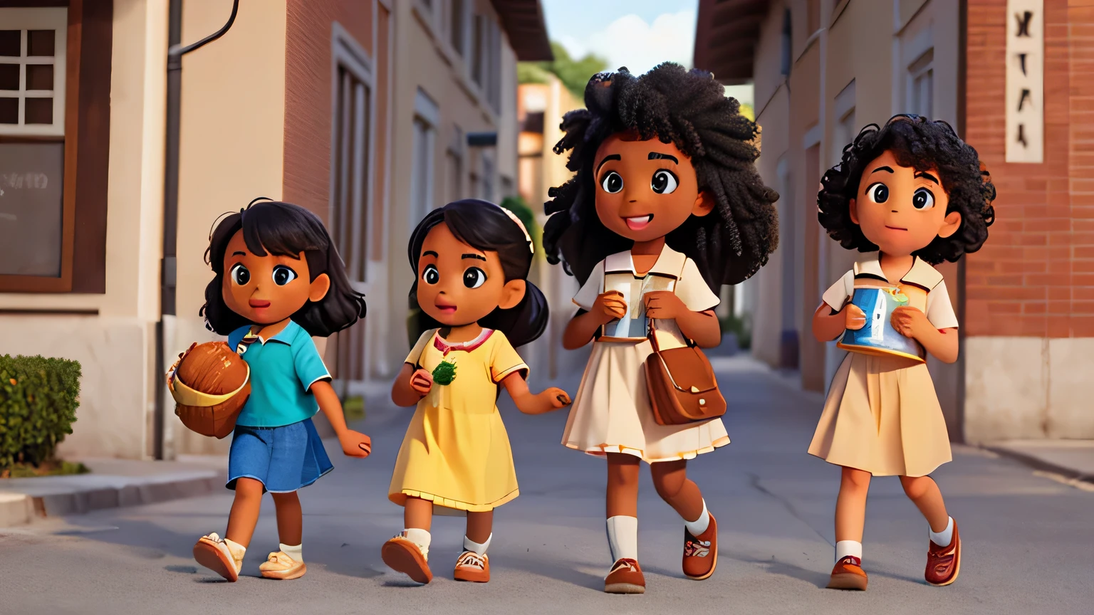 three of african american girls with curly long hair style with school unifrom, one of then carry baby ( good hands, face and body )
