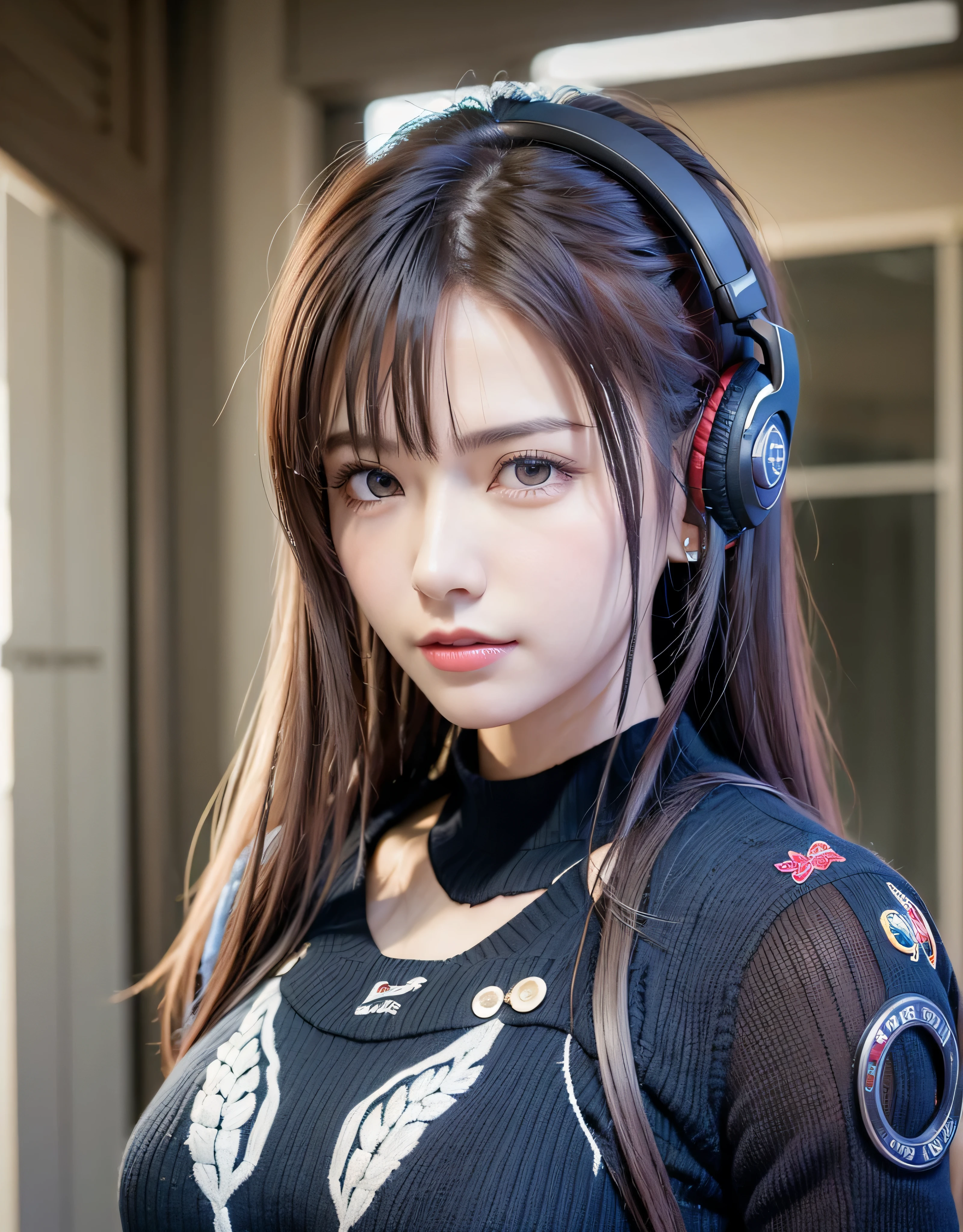 highest quality、8K masterpiece、超A high resolution、(Photoreal:1.3)、RAW photo、1 girl、silver hair、braided twin tails、glowing skin、1 Super Beautiful College Girl、((Ultra realistic details))、portrait、global illumination、Shadow、octane rendering、8k、super sharp、very intricate details、realistic light、Trends in CG society、beautiful eyes、blue shining eyes、towards the camera、(medium sized upturned bust)、headset、Simple thin transparent tight bodysuit、headset、cyberpunk interior,