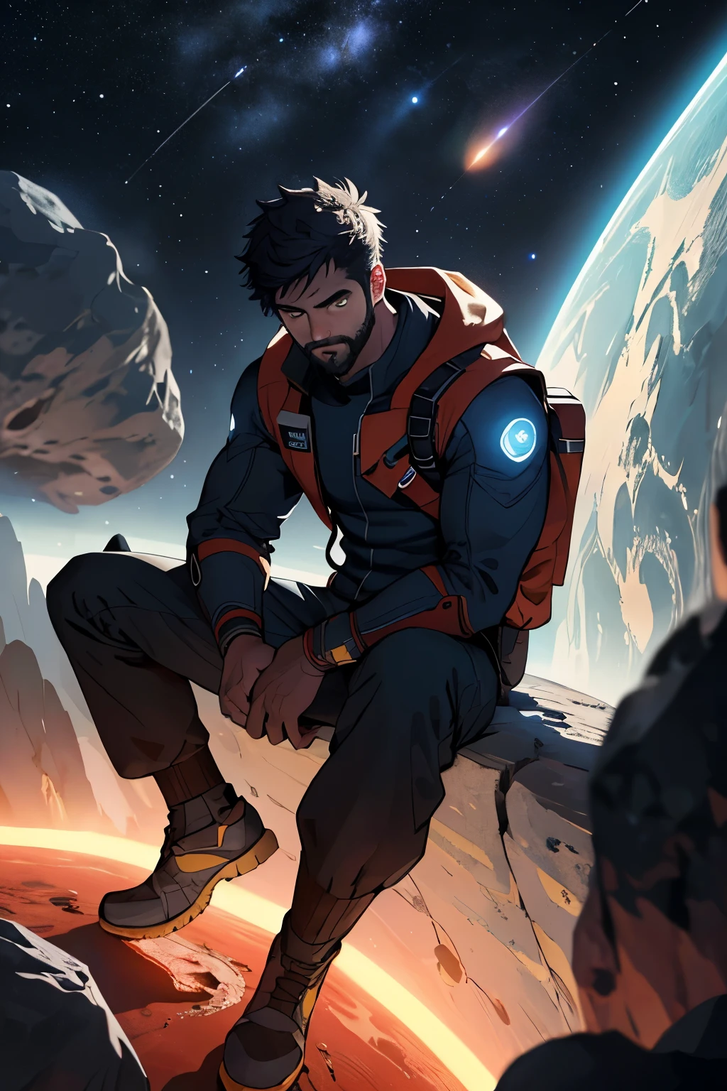 Draw a young programmer, sitting on a research platform floating in the middle of an asteroid belt. He is studying with a notebook, surrounded by several asteroids glowing with fiery auras. Dramatic lighting from distant stars and planets illuminates the scene, casting deep shadows on the suit. The young man looks confident and determined, looking at the vast and mysterious universe with wonder and respect,facial hair, cowboy shot,