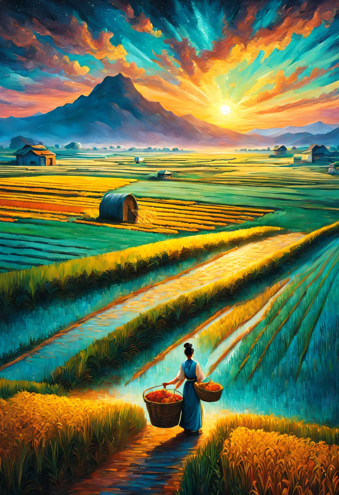 Dan Mumford style，best quality, 8k, high quality, masterpiece: 1.2, Ultra-fine, realism: 1.37, double contact, (Endless rice fields and), Chinese peasant woman delivering food，path，blue sky, dreamy atmosphere, pastel color palette, Vibrant shades, Impressionist brushstrokes, Subtle lighting effects, sunset on the horizon, nature and sky, textured brushstrokes, Crops are abundant、Vibrant, dusk atmosphere, Peaceful idyllic scenery, Shining stars light up the night, create tranquility、Picturesque setting, Be inspired by Van Gogh&#39;s style and technique. Sublime and atmospheric depiction, ethereal beauty,Fascinating celestial phenomenon with partial reflections,