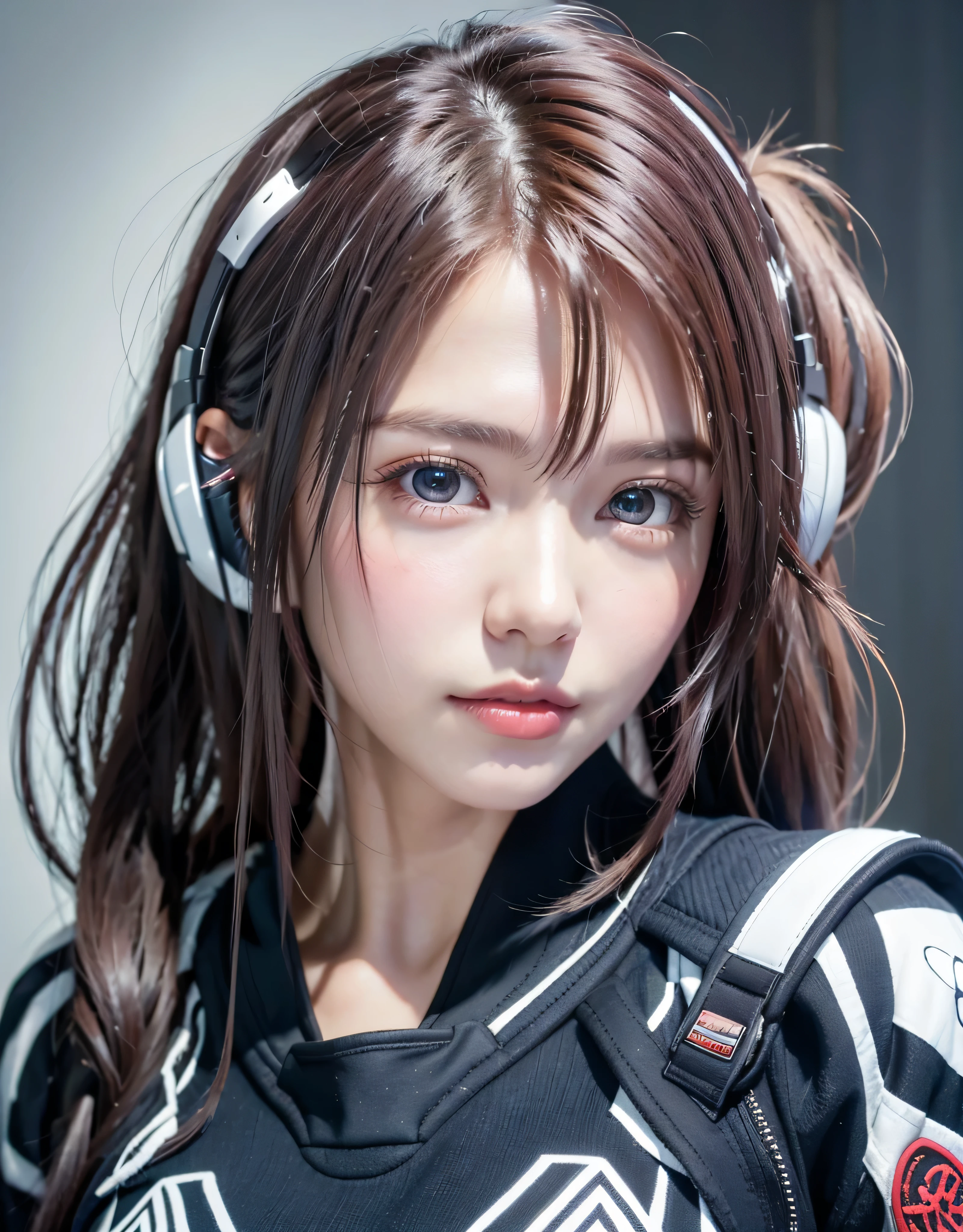 highest quality、8K masterpiece、超A high resolution、(Photoreal:1.3)、RAW photo、1 girl、silver hair、braided twin tails、glowing skin、1 Super Beautiful College Girl、((Ultra realistic details))、portrait、global illumination、Shadow、octane rendering、8k、super sharp、very intricate details、realistic light、Trends in CG society、beautiful eyes、blue shining eyes、towards the camera、(medium sized upturned bust)、headset、Simple thin transparent tight bodysuit、headset、cyberpunk interior,